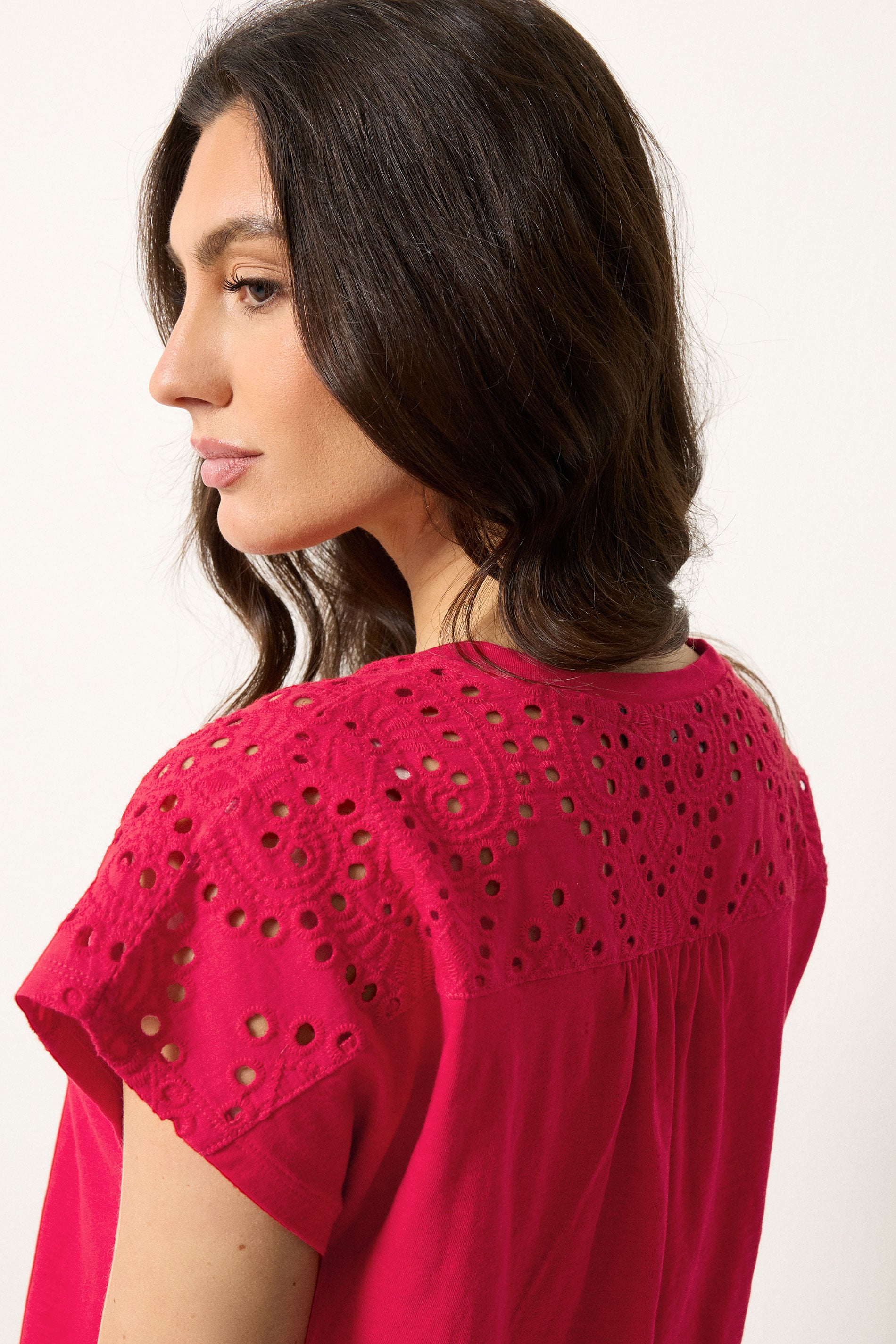 M&Co Red Broderie V-Neck Cotton T-Shirt | M&Co  4