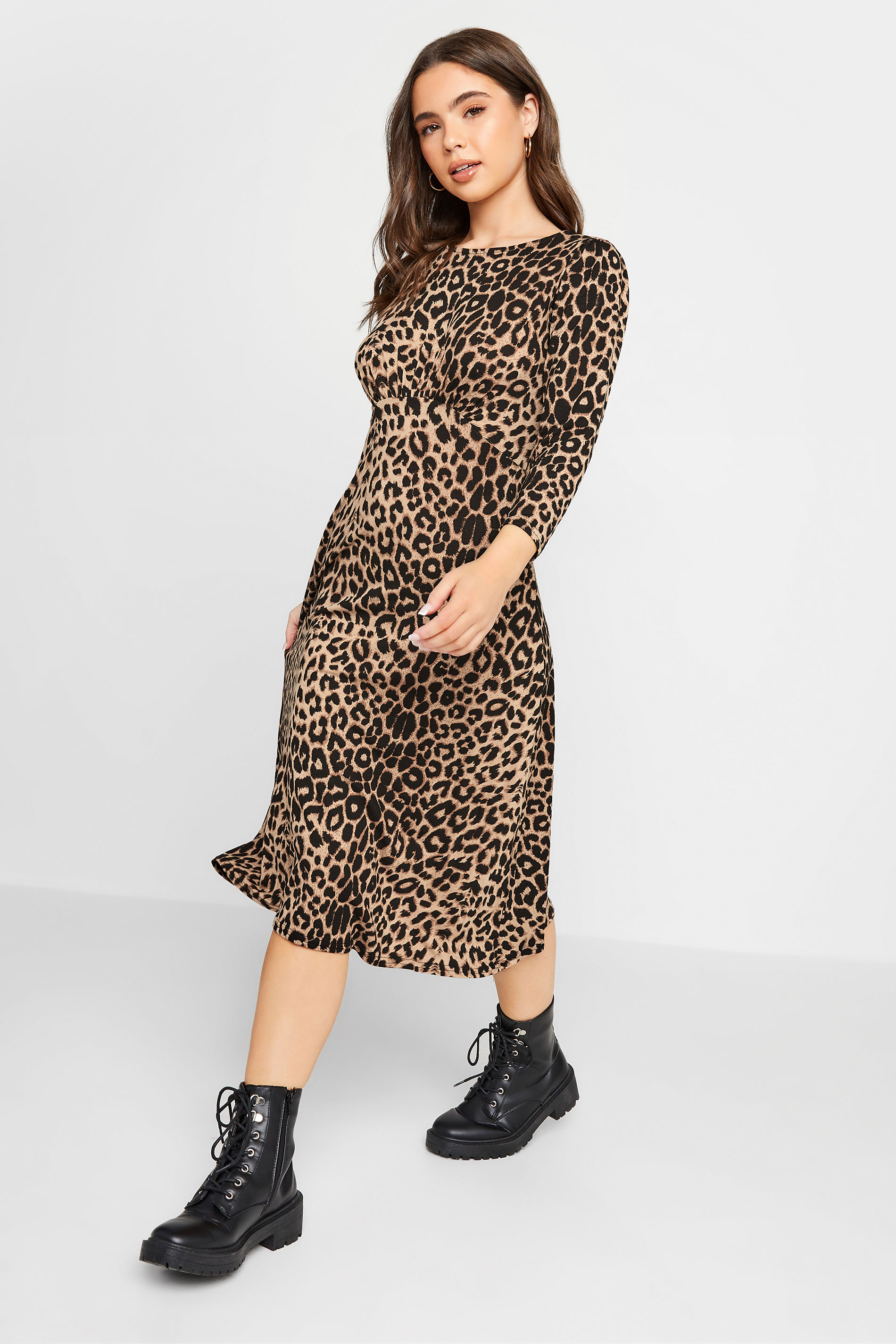 Petite Beige Brown Leopard Print Midi Dress | PixieGirl 1