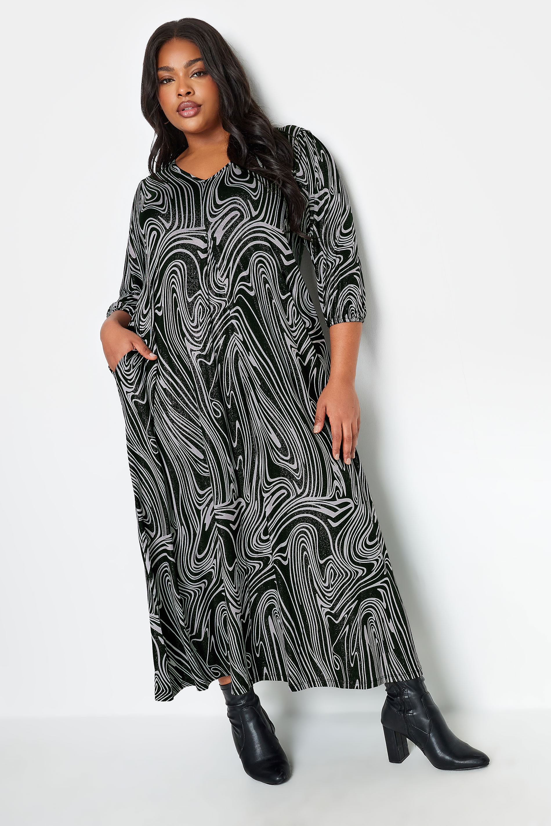 YOURS Plus Size Black Abstract Foil Print Midaxi Dress | Yours Clothing 1