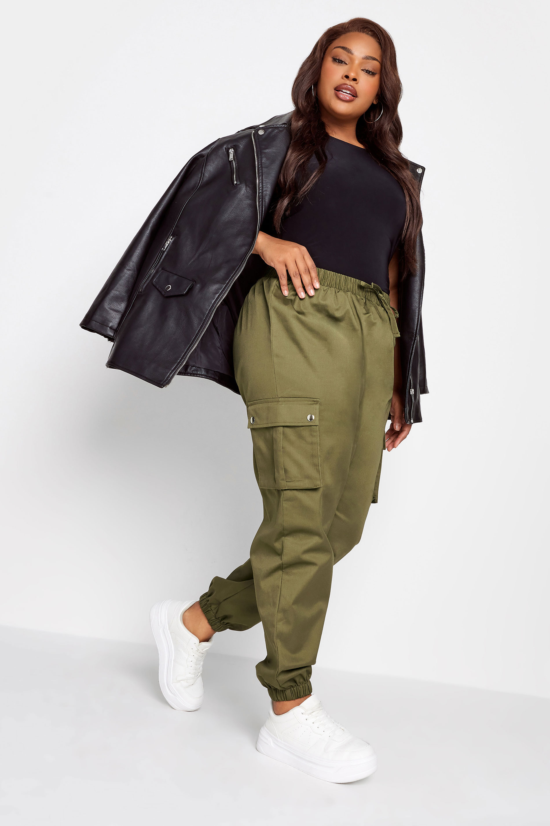 YOURS Curve Khaki Green Cuffed Cargo Trousers | Yours Clothing 1