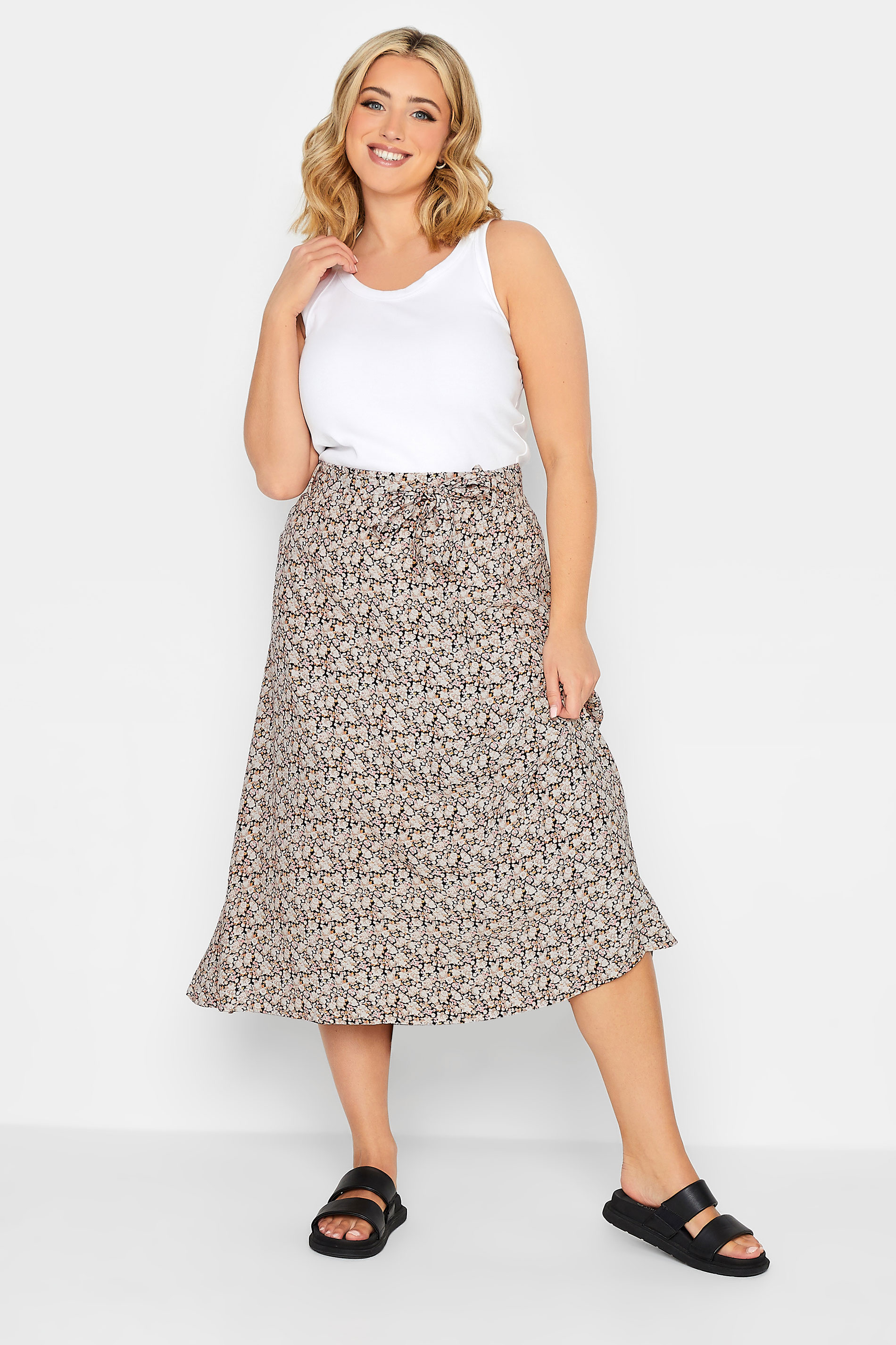 YOURS PETITE Plus Size Black Ditsy Print Belted Midi Skirt | Yours Clothing 2