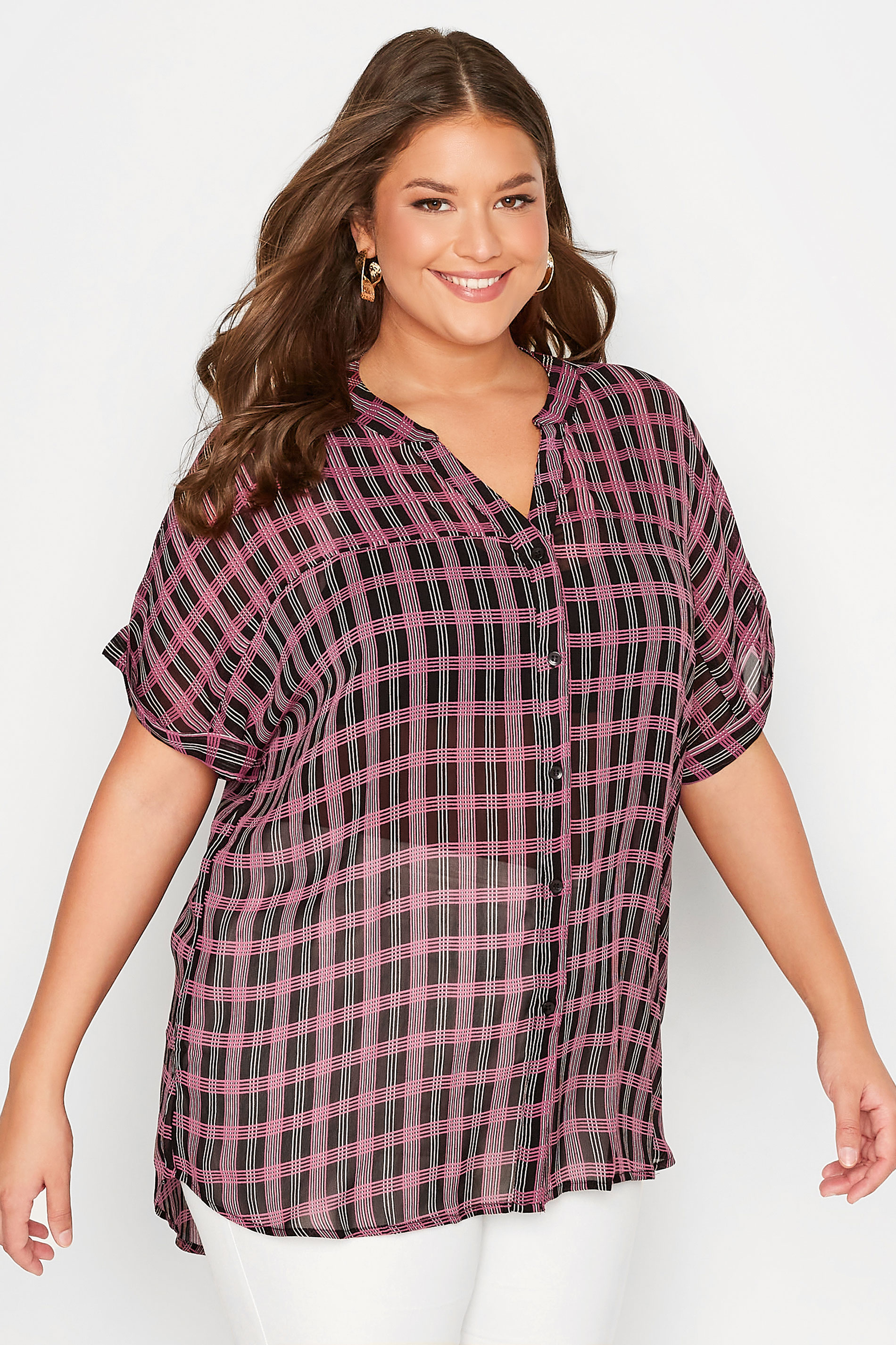 Plus Size Black Check Chiffon Grown On Sleeve Shirt | Yours Clothing  1