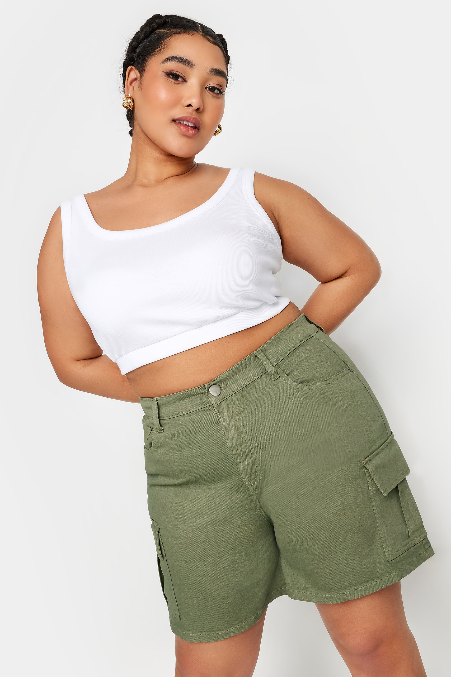 YOURS Plus Size Khaki Green Stretch Denim Cargo Shorts | Yours Clothing 1