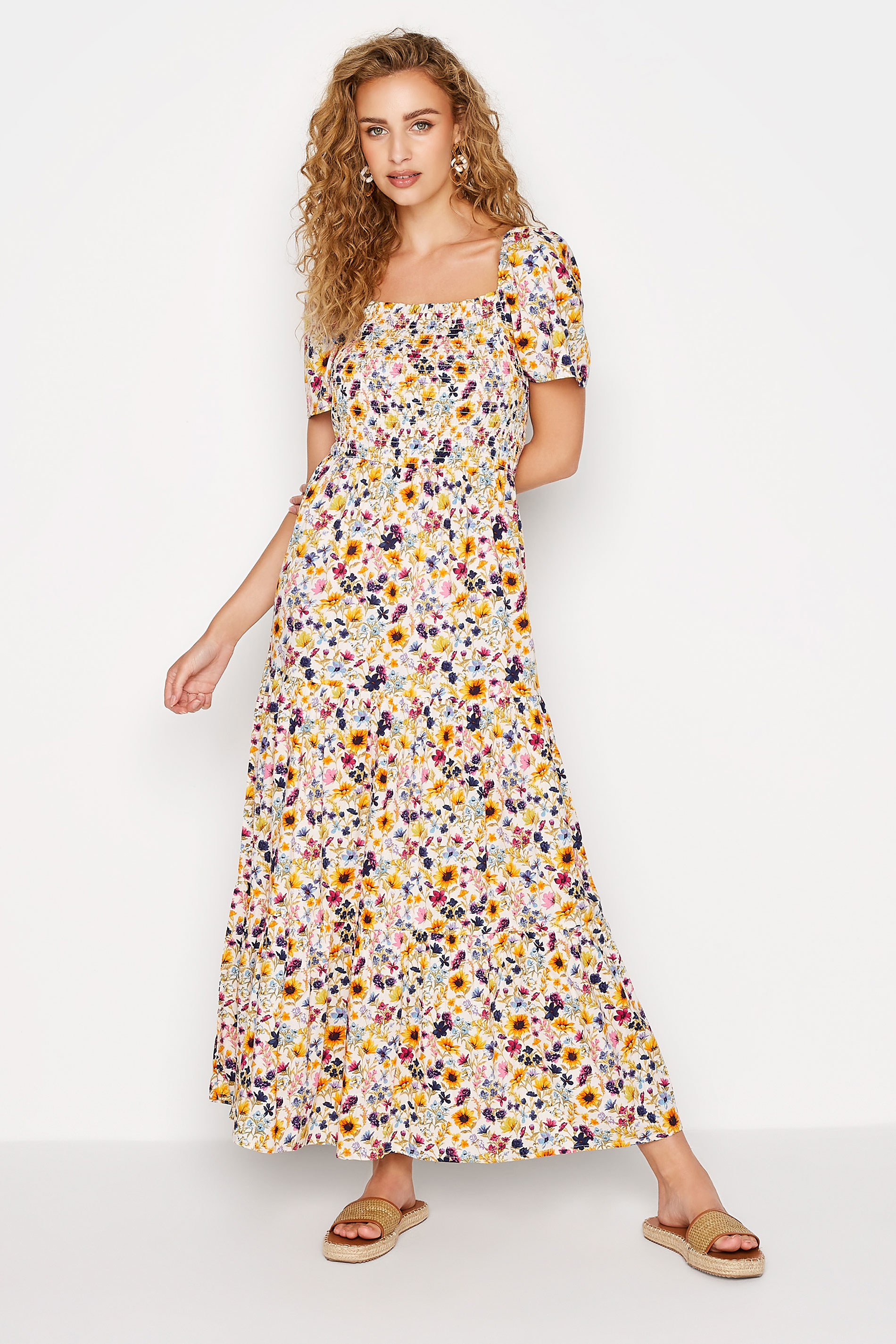 LTS Tall Women's Yellow Floral Print Shirred Maxi Dress | Long Tall Sally 1