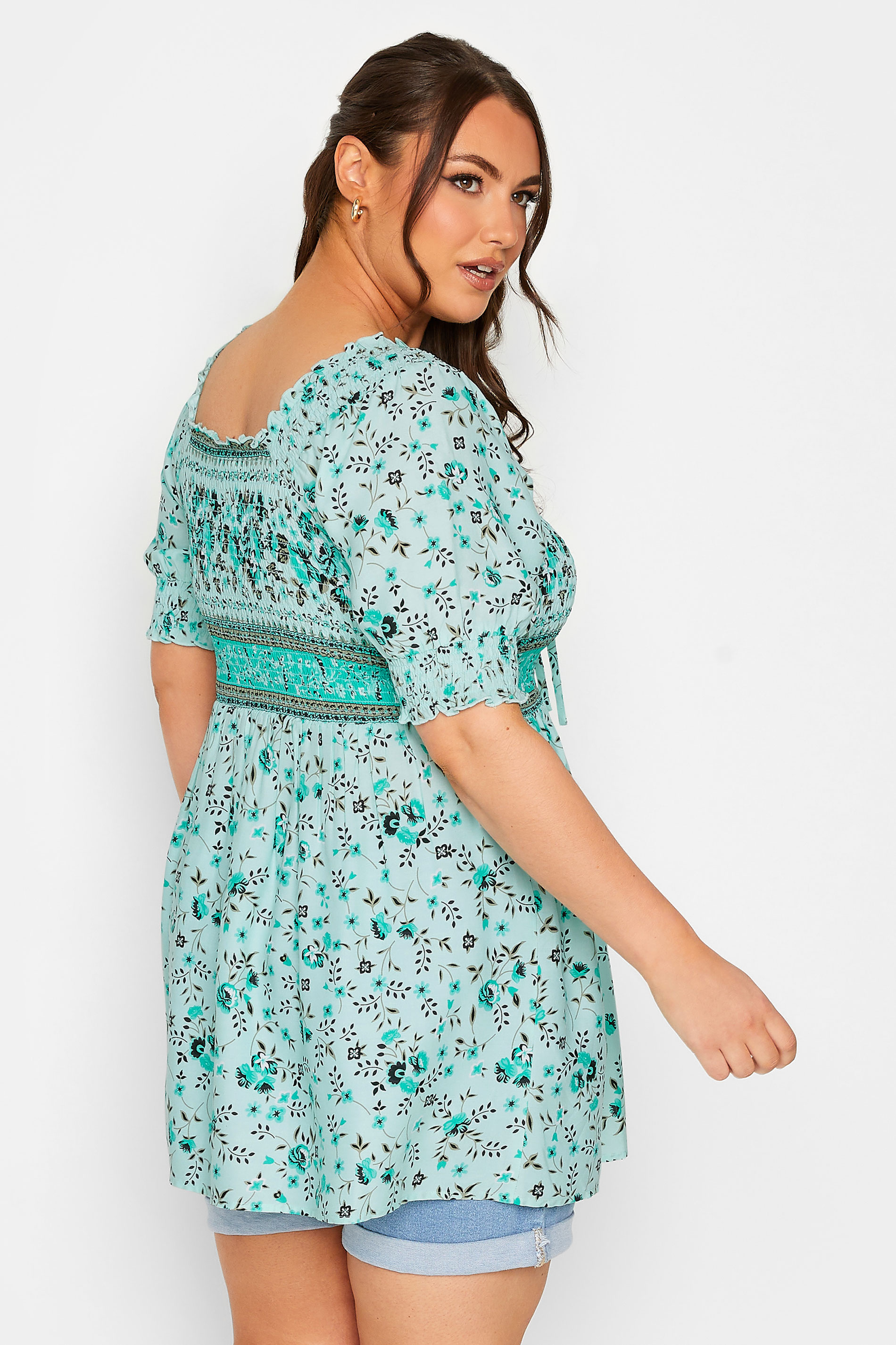 LIMITED COLLECTION Curve Plus Size Green Ditsy Floral Print Shirred Top | Yours Clothing  3