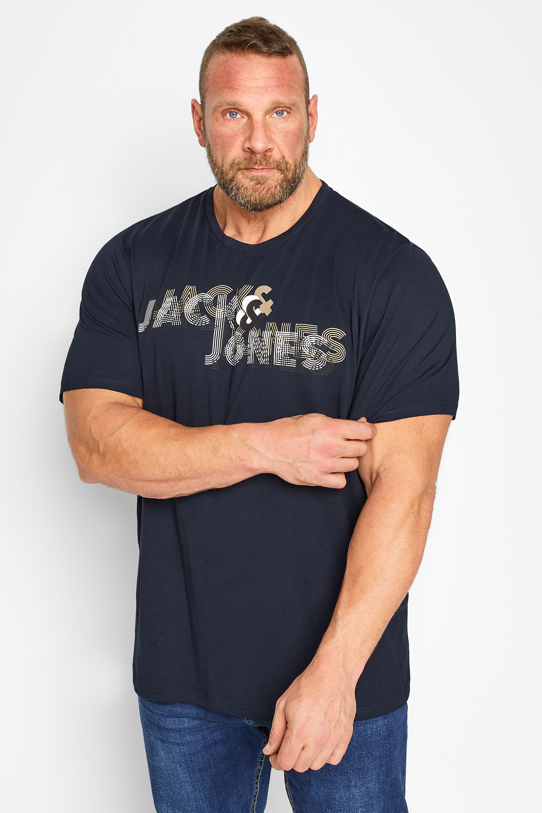 JACK & JONES Big & Tall Navy Blue Line Logo Print T-Shirt | BadRhino 1