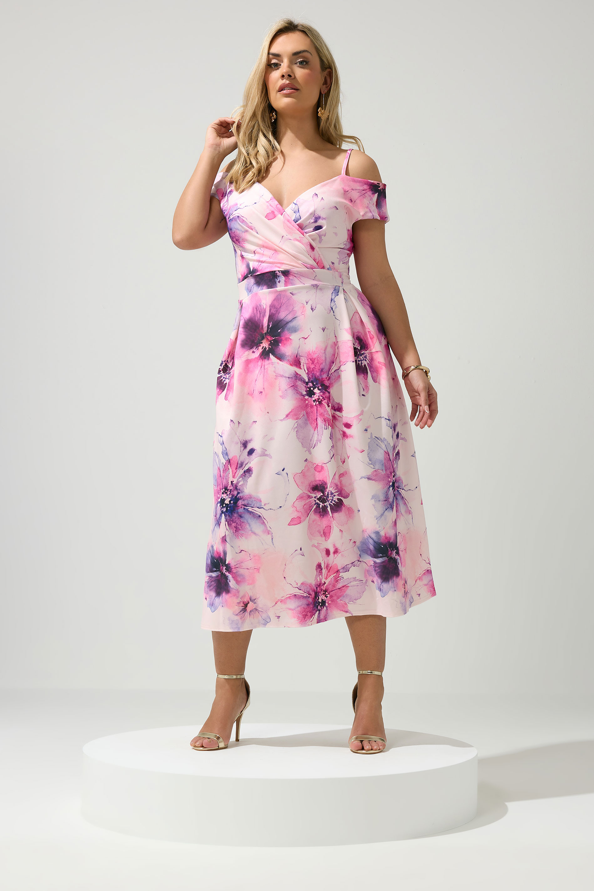 YOURS LONDON Plus Size Pink Bardot Floral Skater Dress | Yours Clothing 3