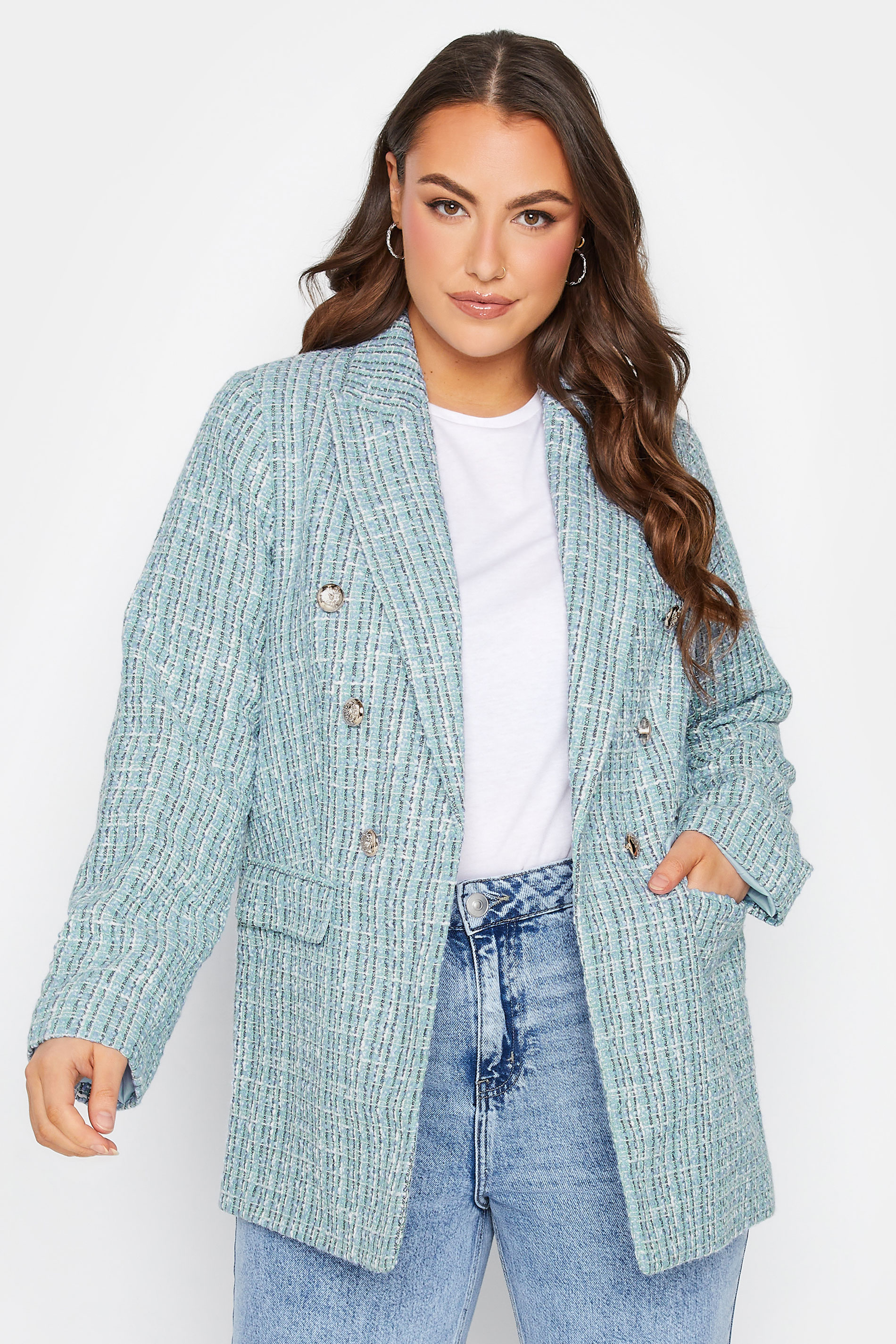 YOURS Plus Size Light Blue Check Boucle Blazer | Yours Clothing 1