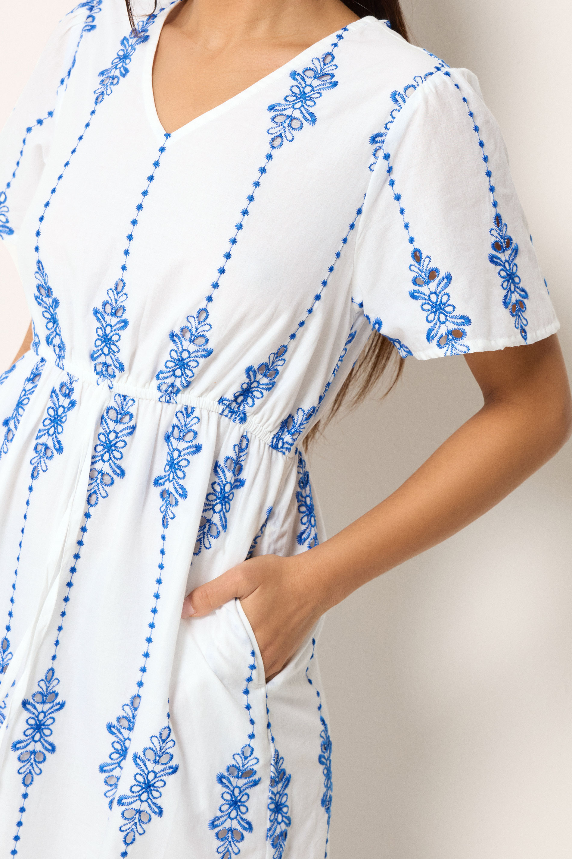 M&Co Petite White & Blue Broderie Cotton Dress | M&Co 4