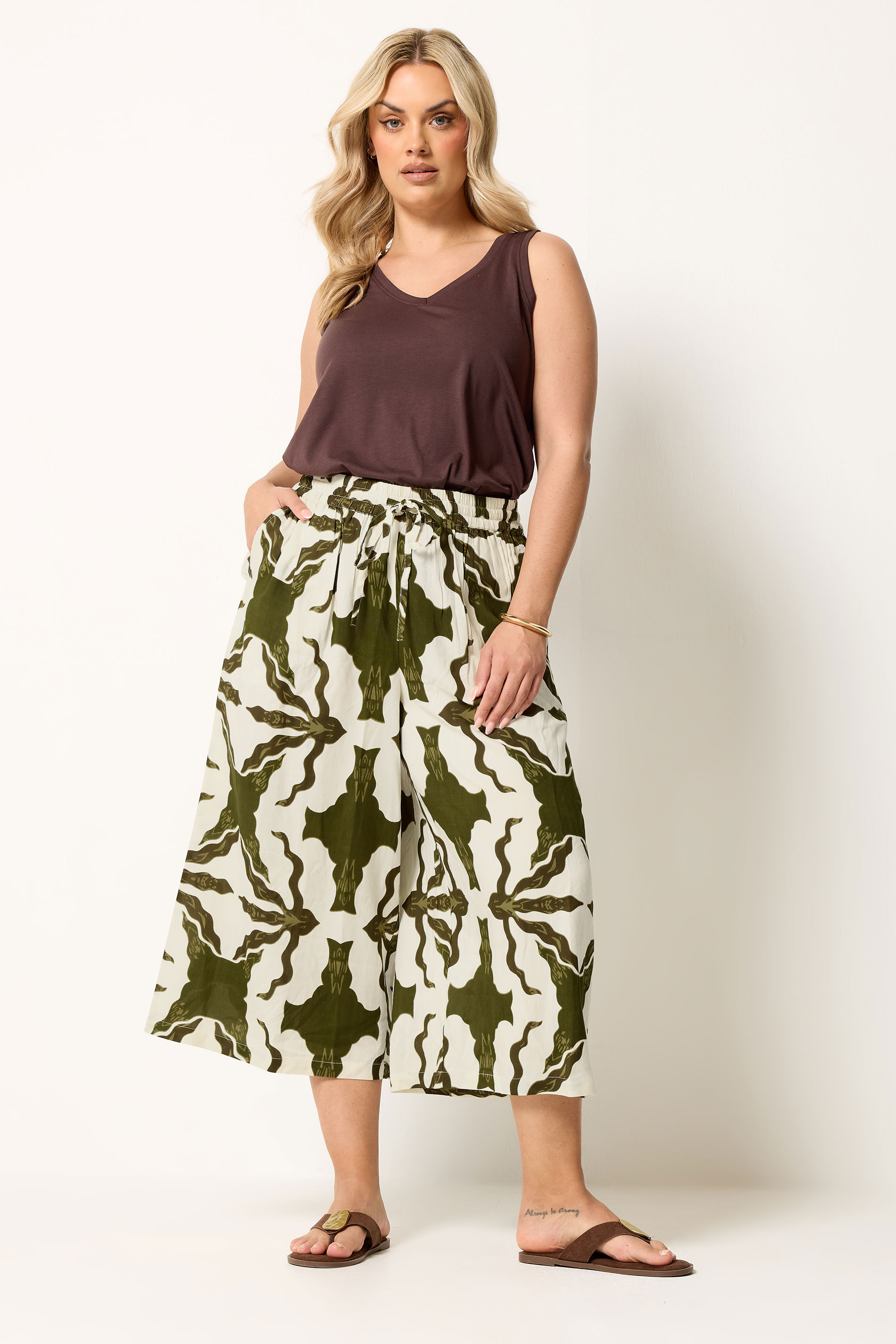 YOURS Plus Size White & Green Tile Print Wide Leg Culottes | Yours Clothing 1