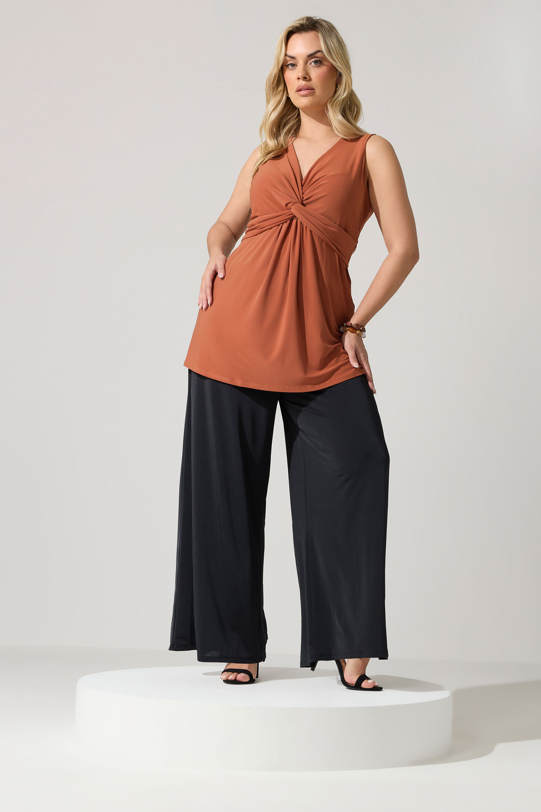 YOURS LONDON Plus Size Rust Orange Sleeveless Knot Front Top | Yours Clothing 1