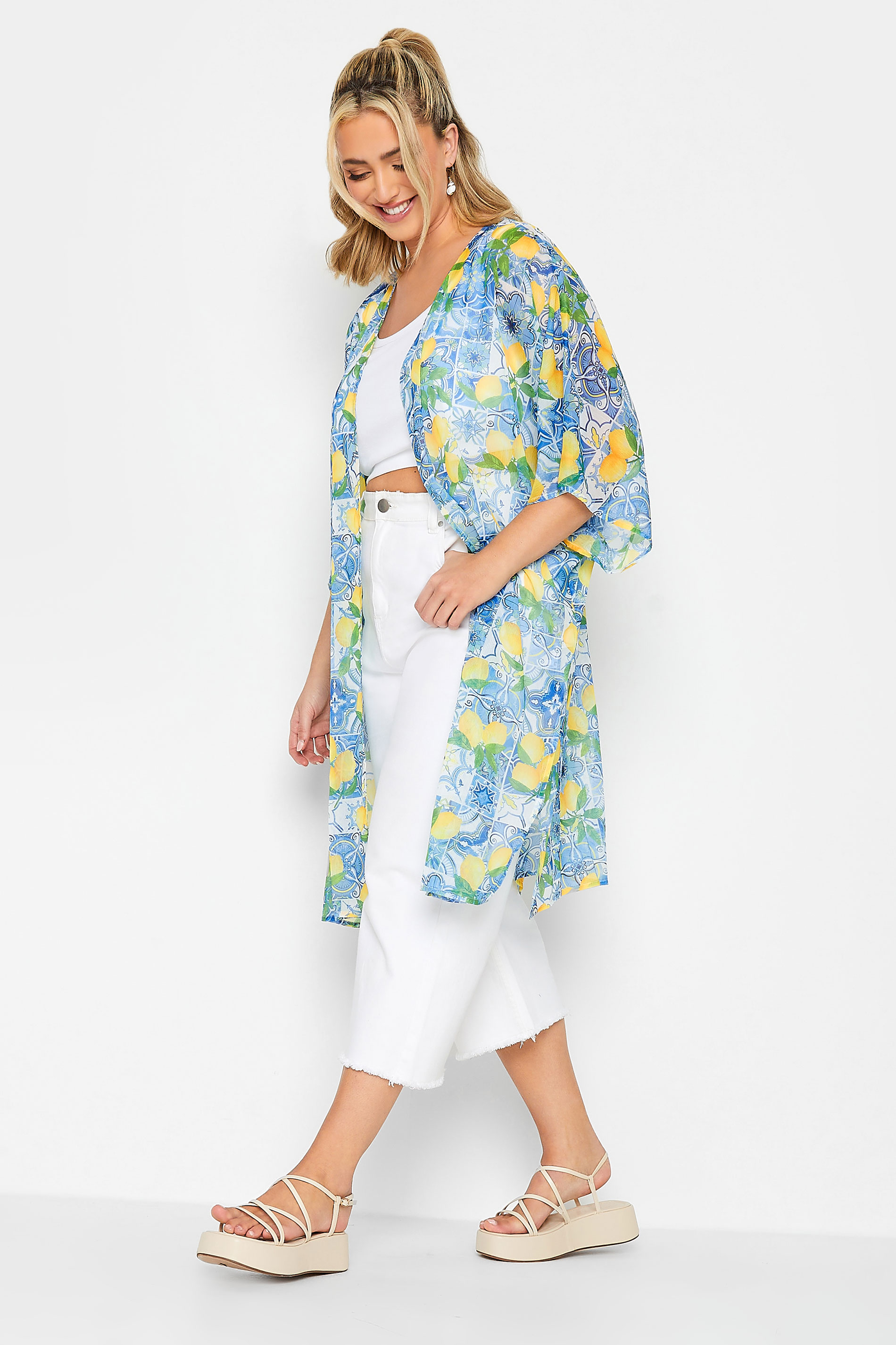 LIMITED COLLECTION Plus Size Blue Lemon Print Beach Kimono | Yours Clothing