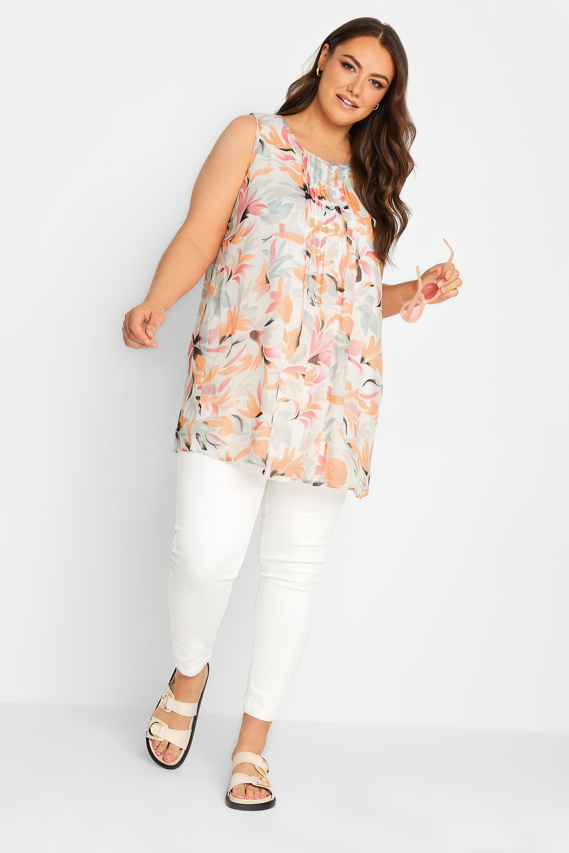YOURS Curve Plus Size Orange Floral Pintuck Sleeveless Blouse | Yours Clothing  2