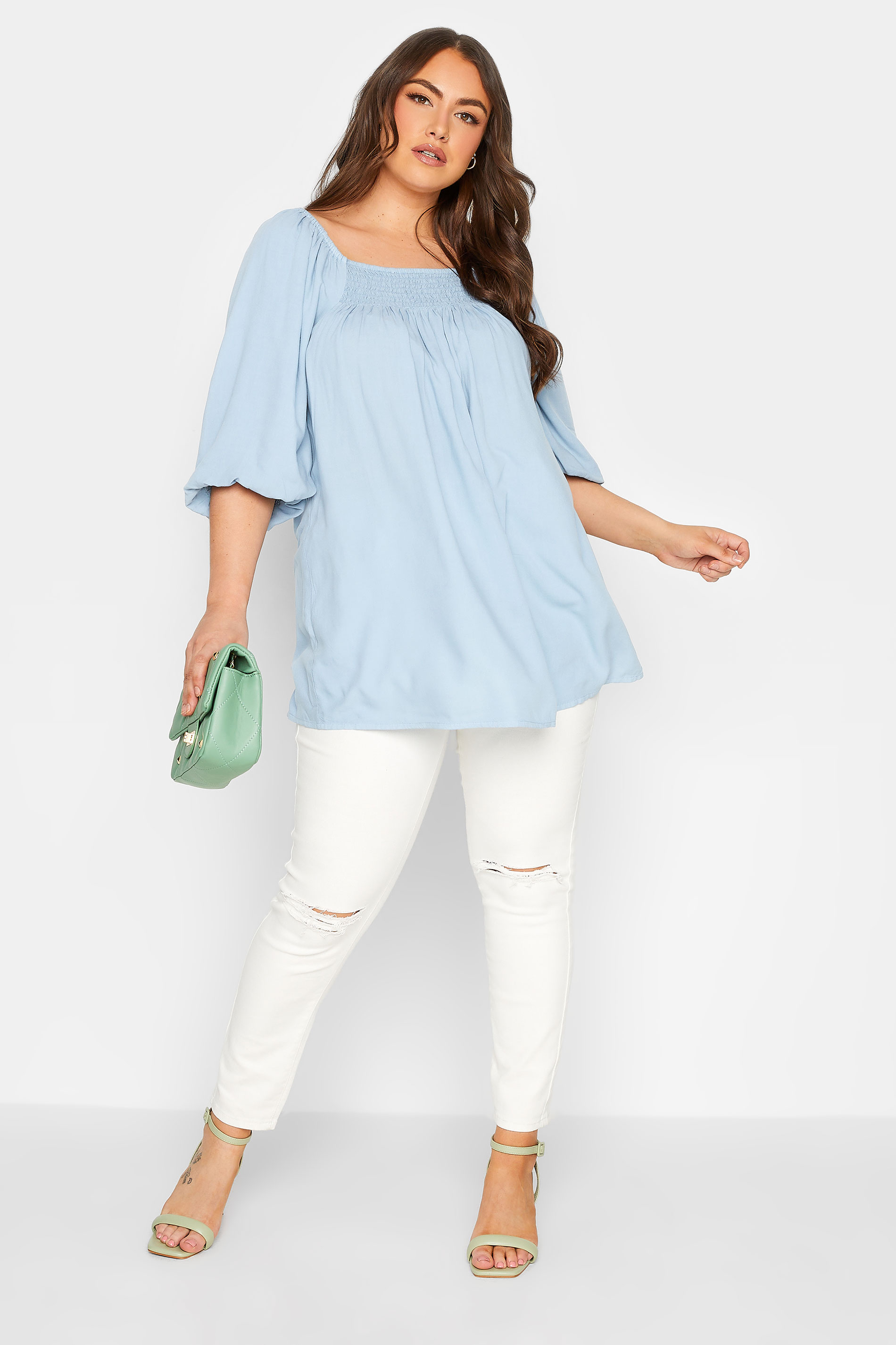YOURS Plus Size Blue Shirred Neck Gypsy Top | Yours Clothing 2