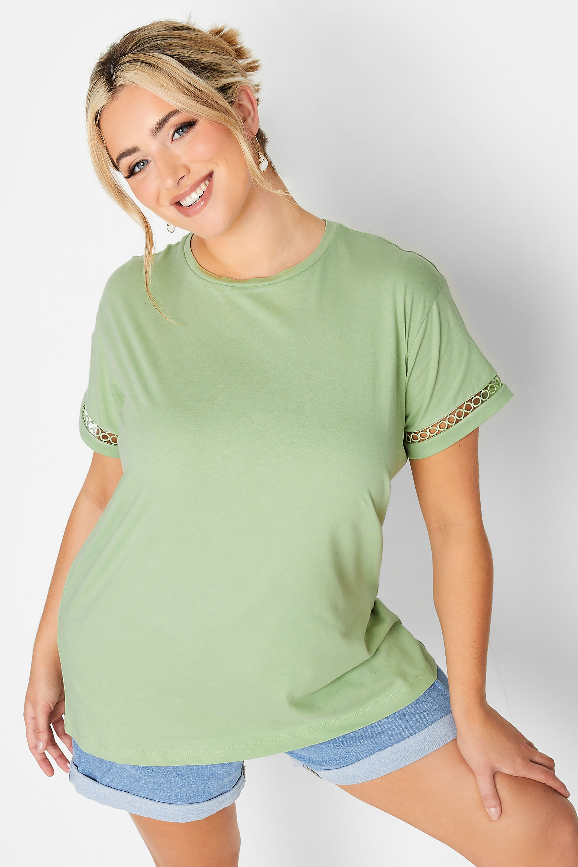 LIMITED COLLECTION Curve Plus Size Sage Green Crochet Trim T-Shirt | Yours Clothing  1