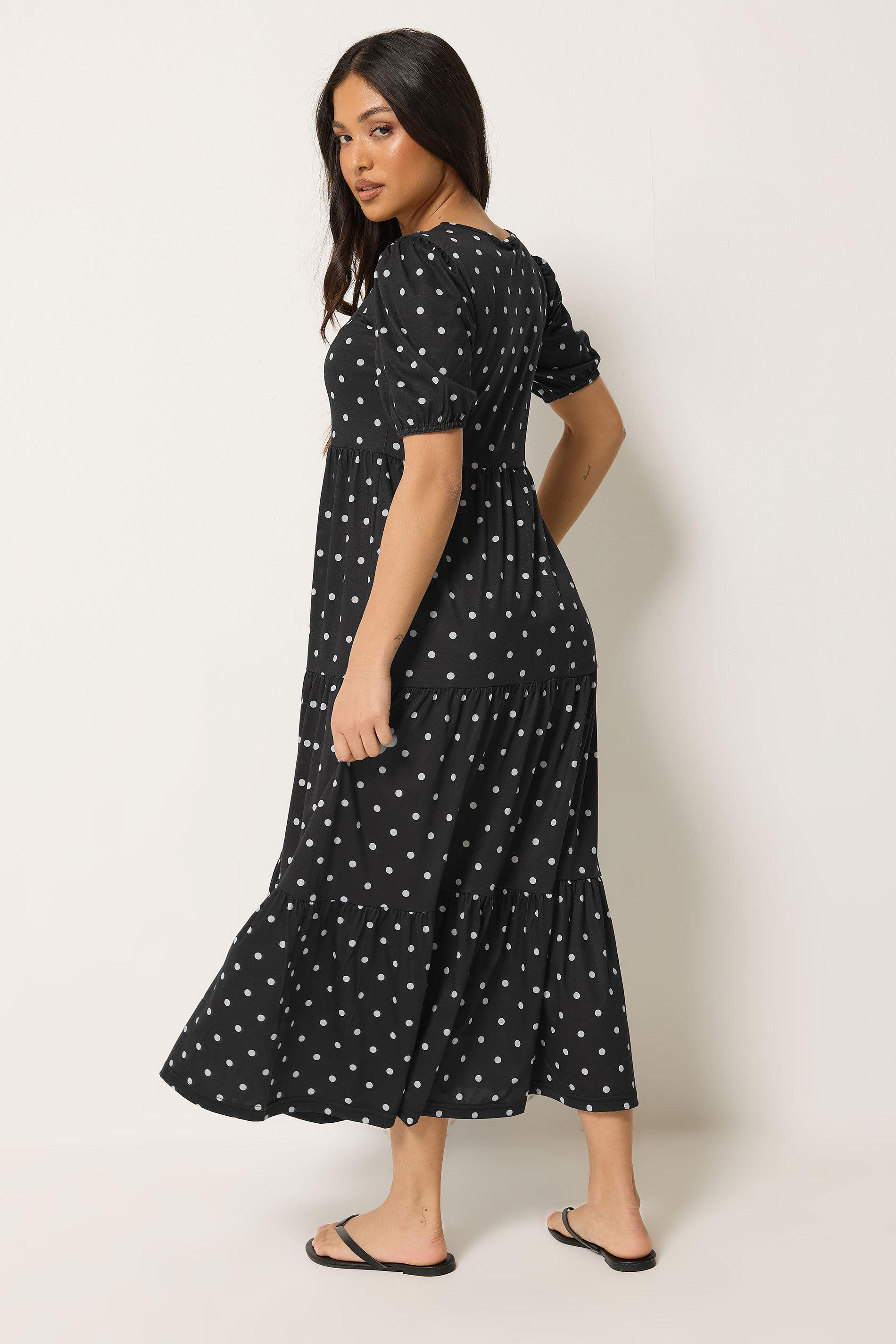 PixieGirl Petite Women's Black Polka Dot Tiered Maxi Dress | PixieGirl 1