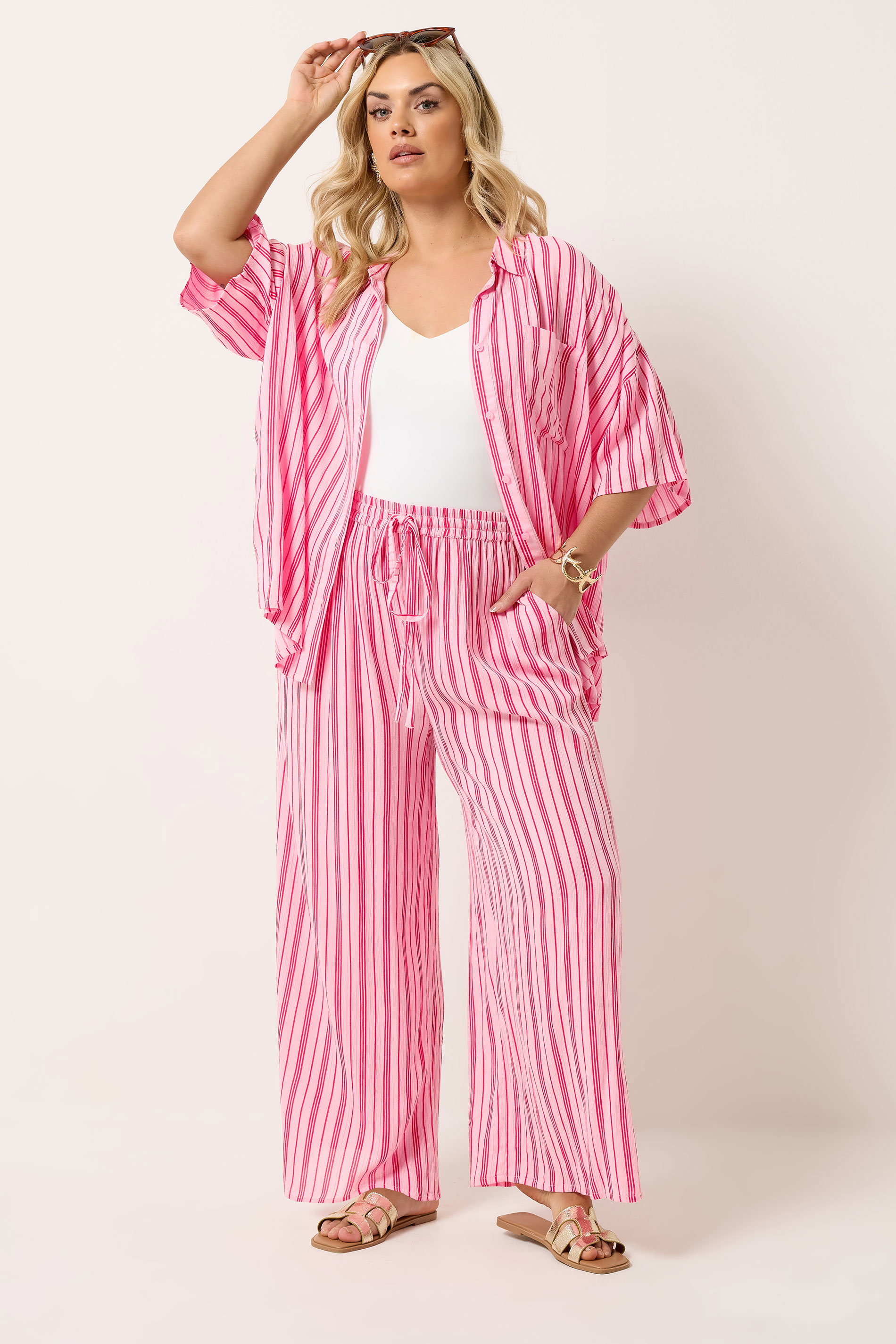 YOURS Plus Size Pink Stripe Crinkle Shirt | Yours Clothing 2