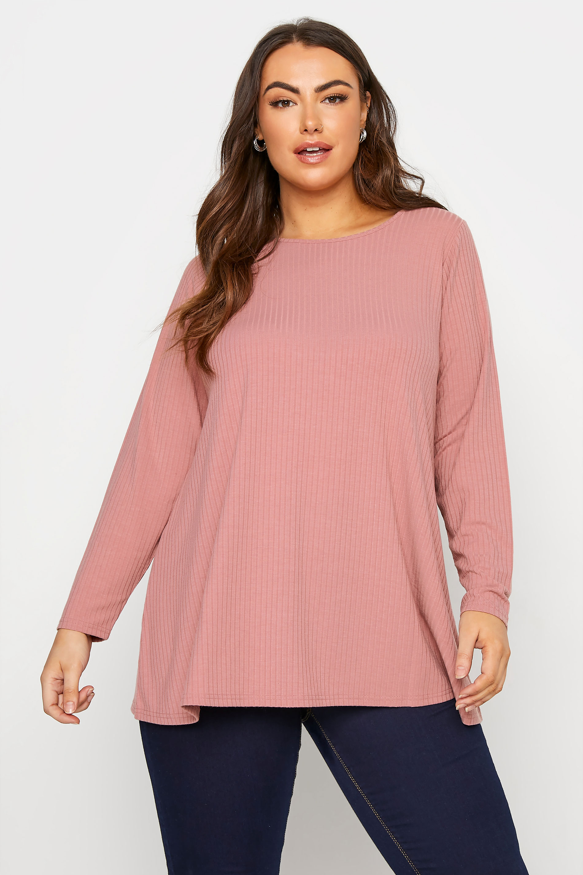 Curve Pink Long Sleeve Ribbed Swing Top 1