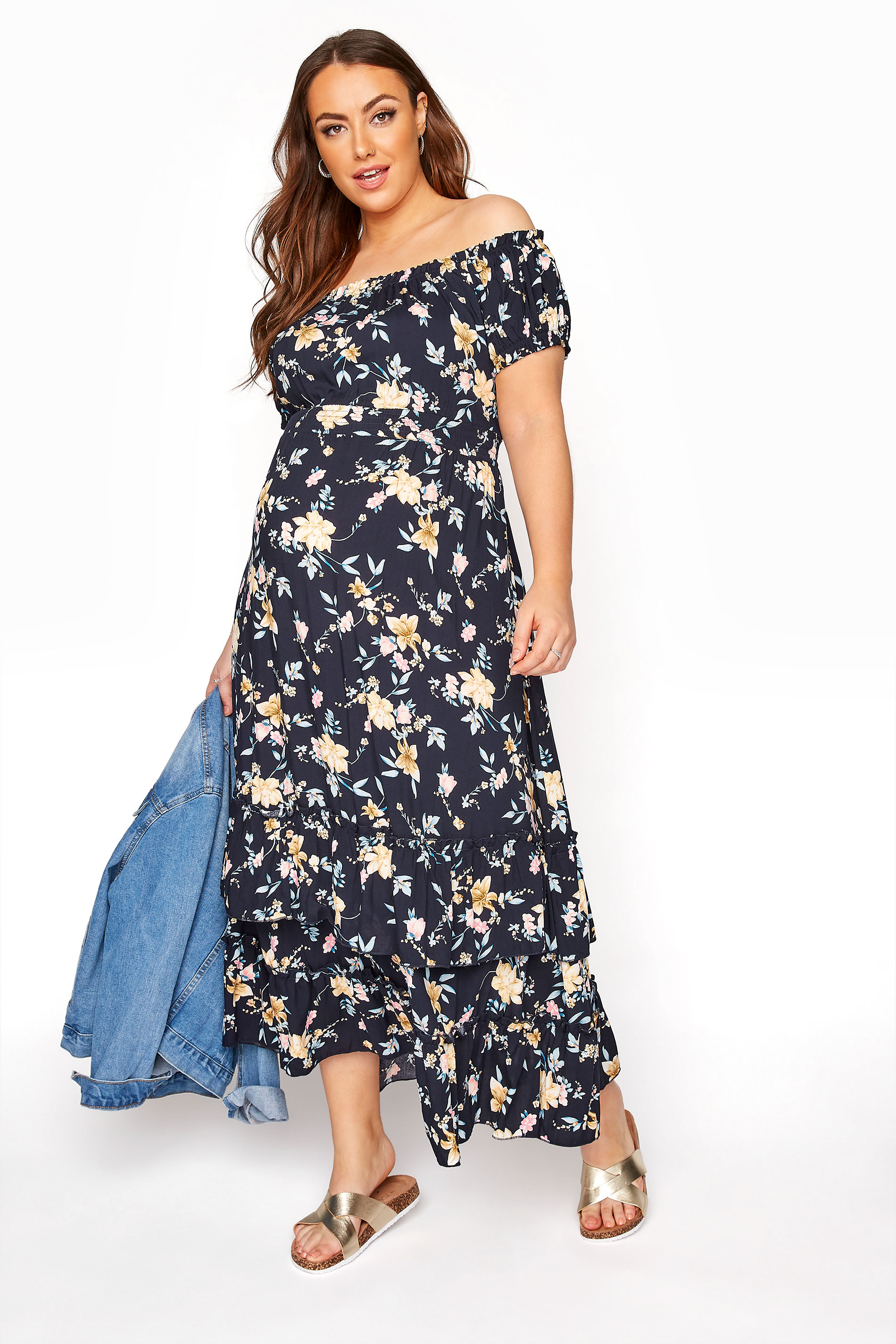 BUMP IT UP MATERNITY Navy Floral Bardot Maxi Dress | Yours Clothing