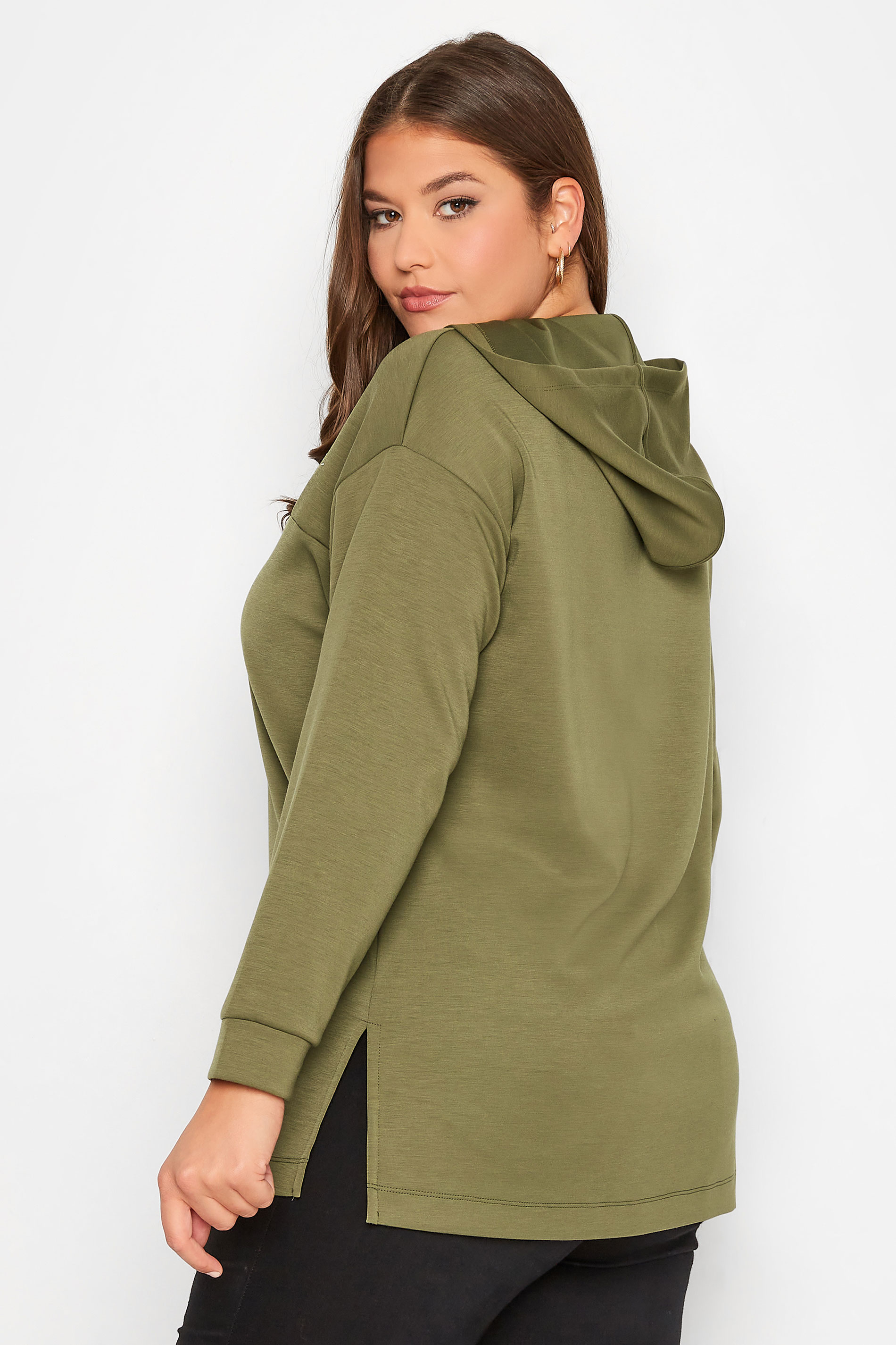 Plus Size Khaki Green 'Live Your Dreams' Zip Detail Hoodie | Yours Clothing 3
