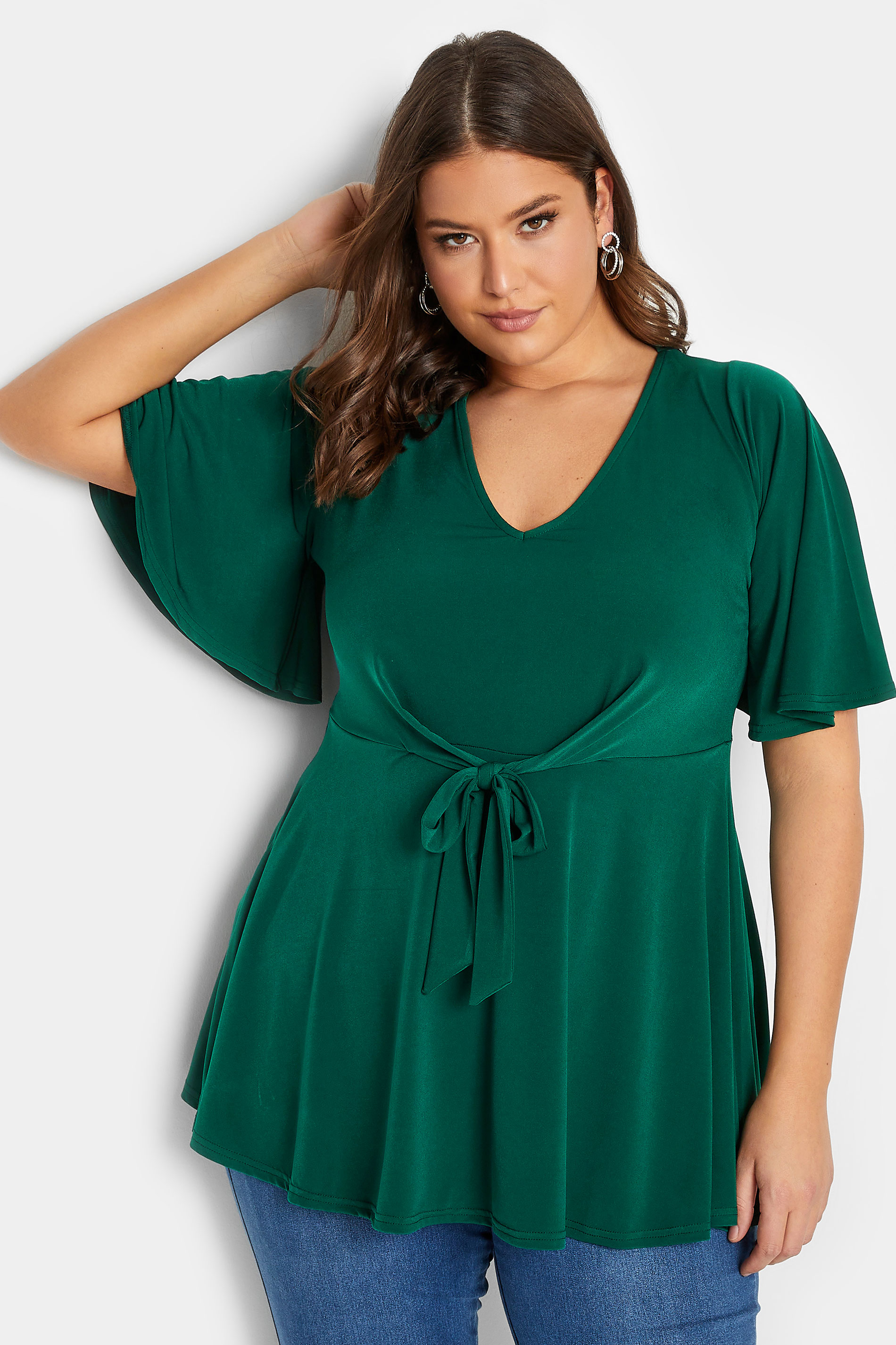 YOURS LONDON Plus Size Green Tie Front Angel Sleeve Top | Yours Clothing 1
