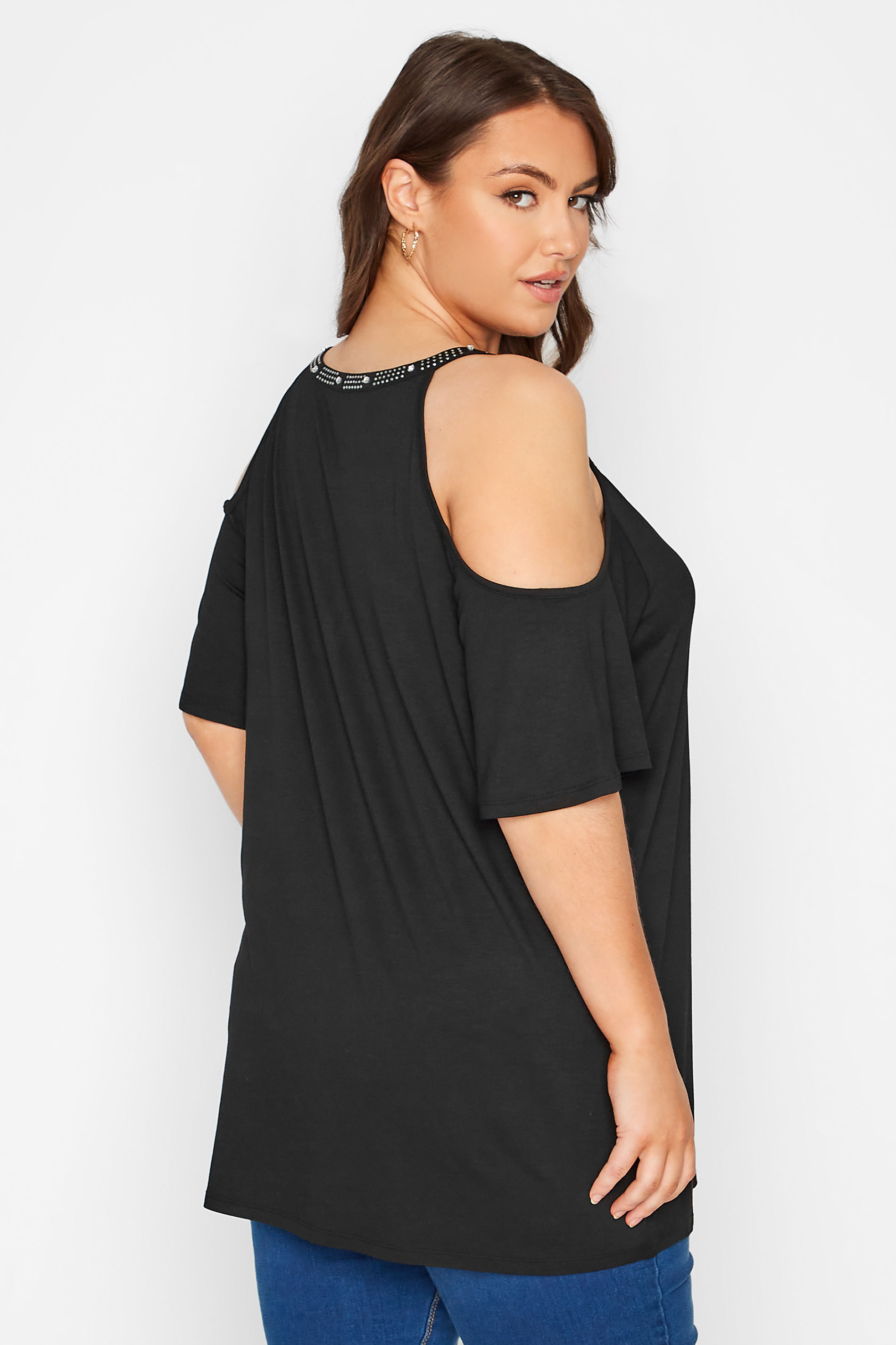 Plus Size Black Stud Embellished Cold Shoulder Top | Yours Clothing  3