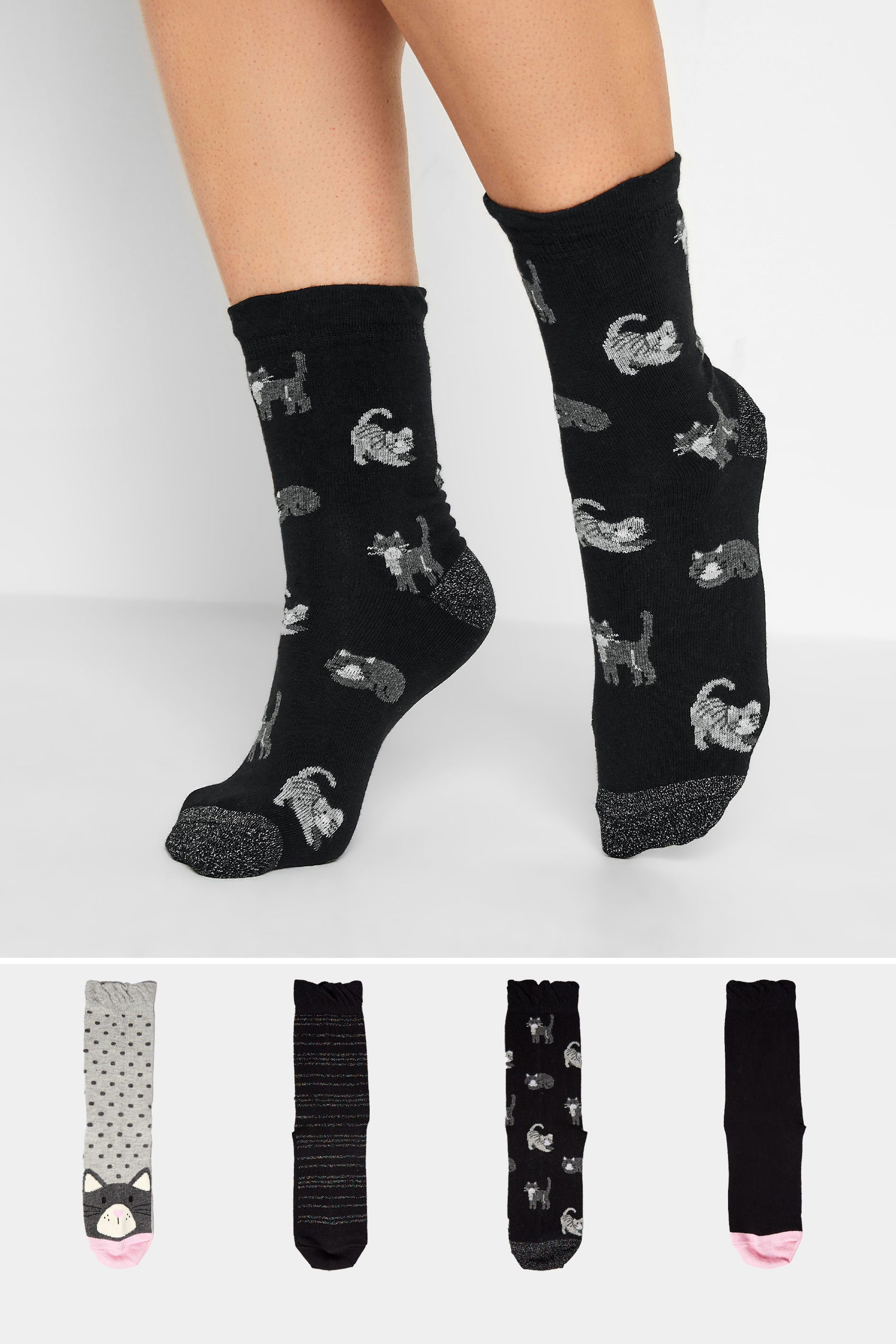 4 PACK Black Cat Print Ankle Socks | Yours Clothing  1