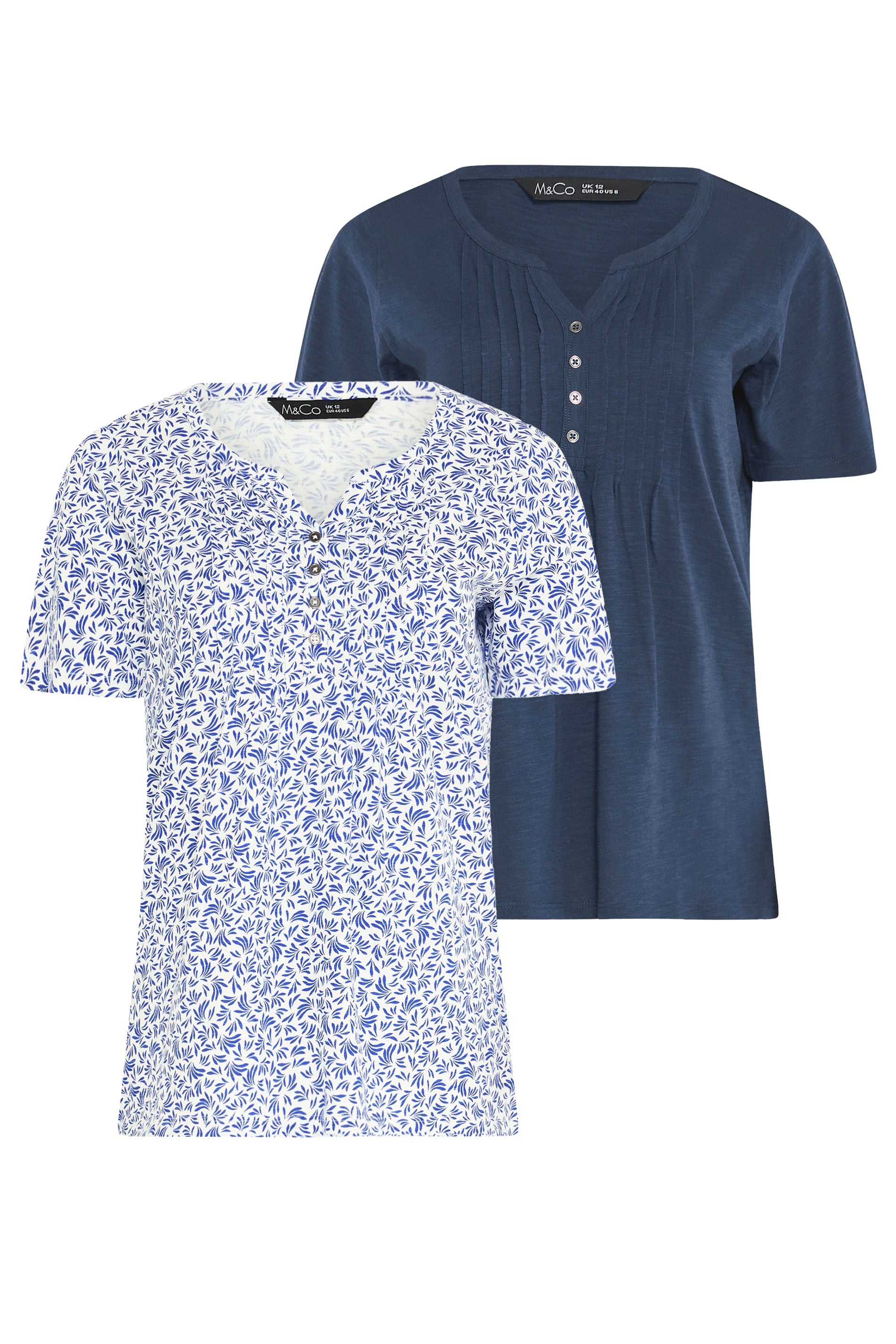 M&Co 2 PACK Navy Blue & White Floral Cotton Henley Tops | M&Co 7