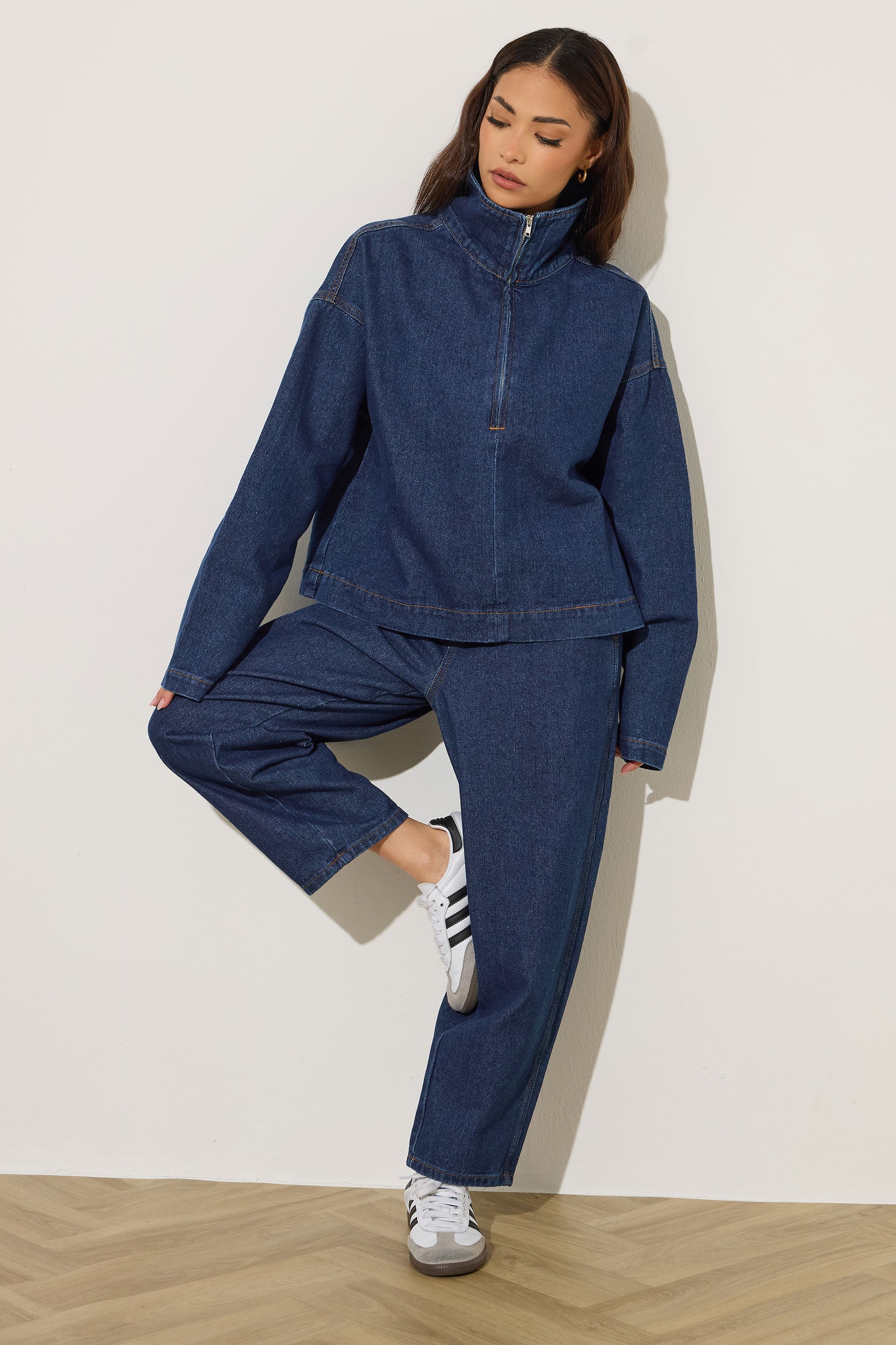 PixieGirl Petite Women's Dark Blue Denim Quarter Zip Cotton Top | PixieGirl 6