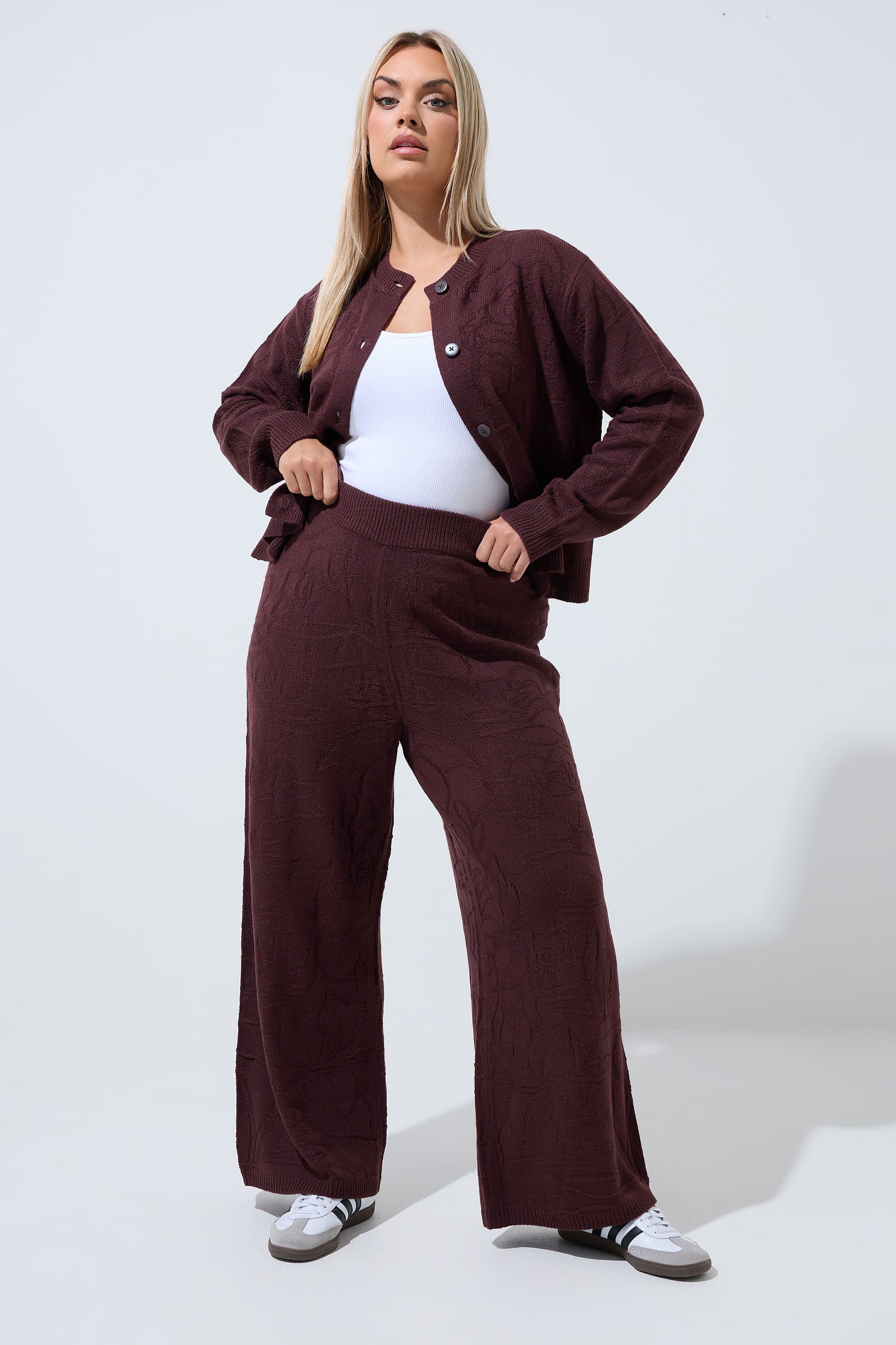 LIMITED COLLECTION Plus Size Chocolate Brown Rose Knitted Wide Leg Trousers | Yours Clothing 3