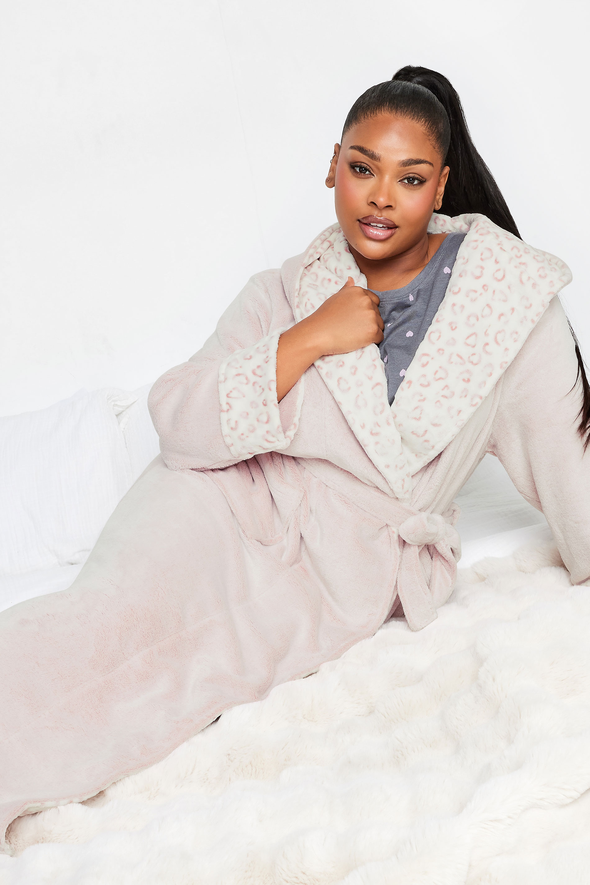 YOURS Plus Size Light Pink Animal Print Hooded Maxi Dressing Gown | Yours Clothing 2