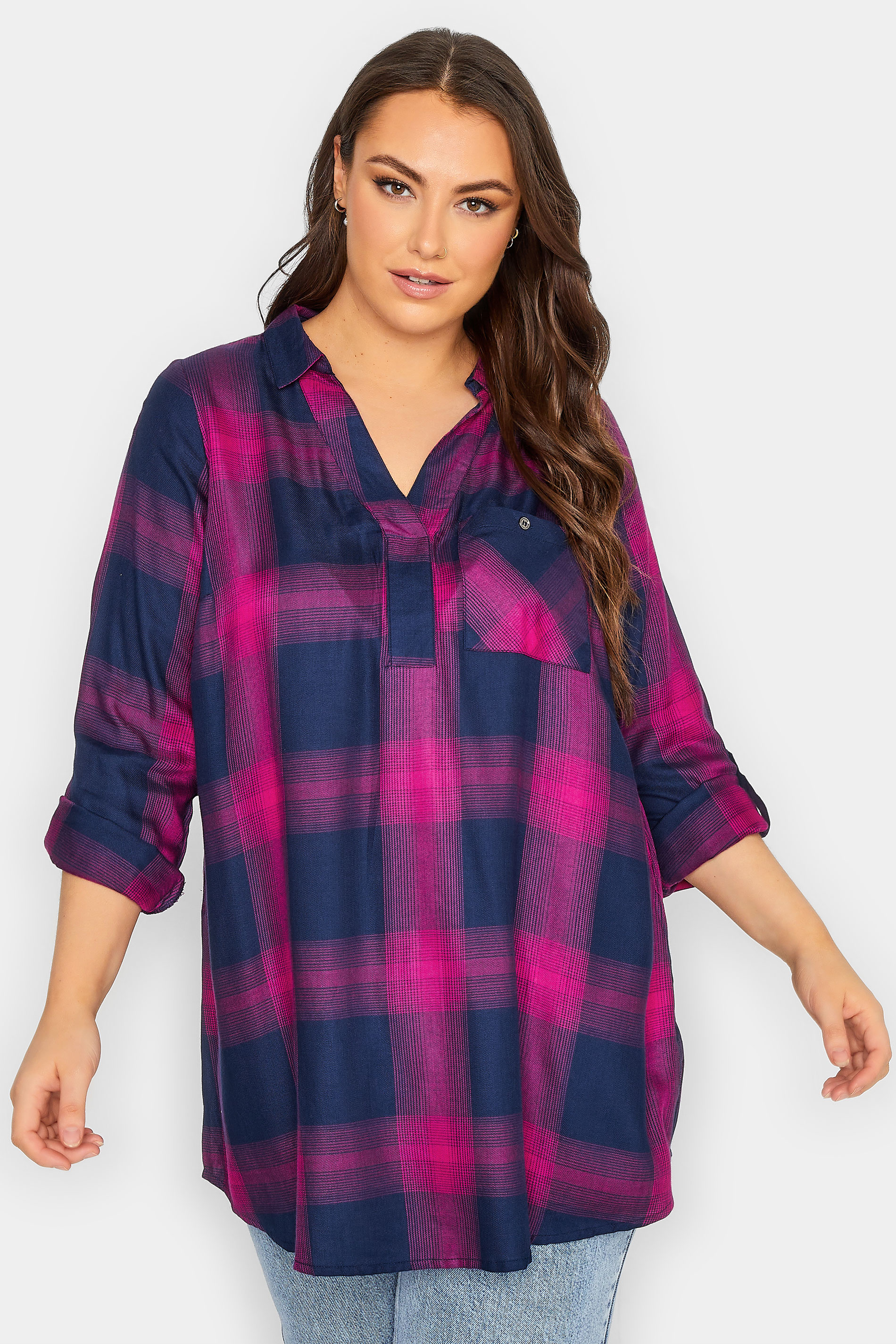 Plus Size Hot Pink Checked Overhead Shirt | Yours Clothing  1