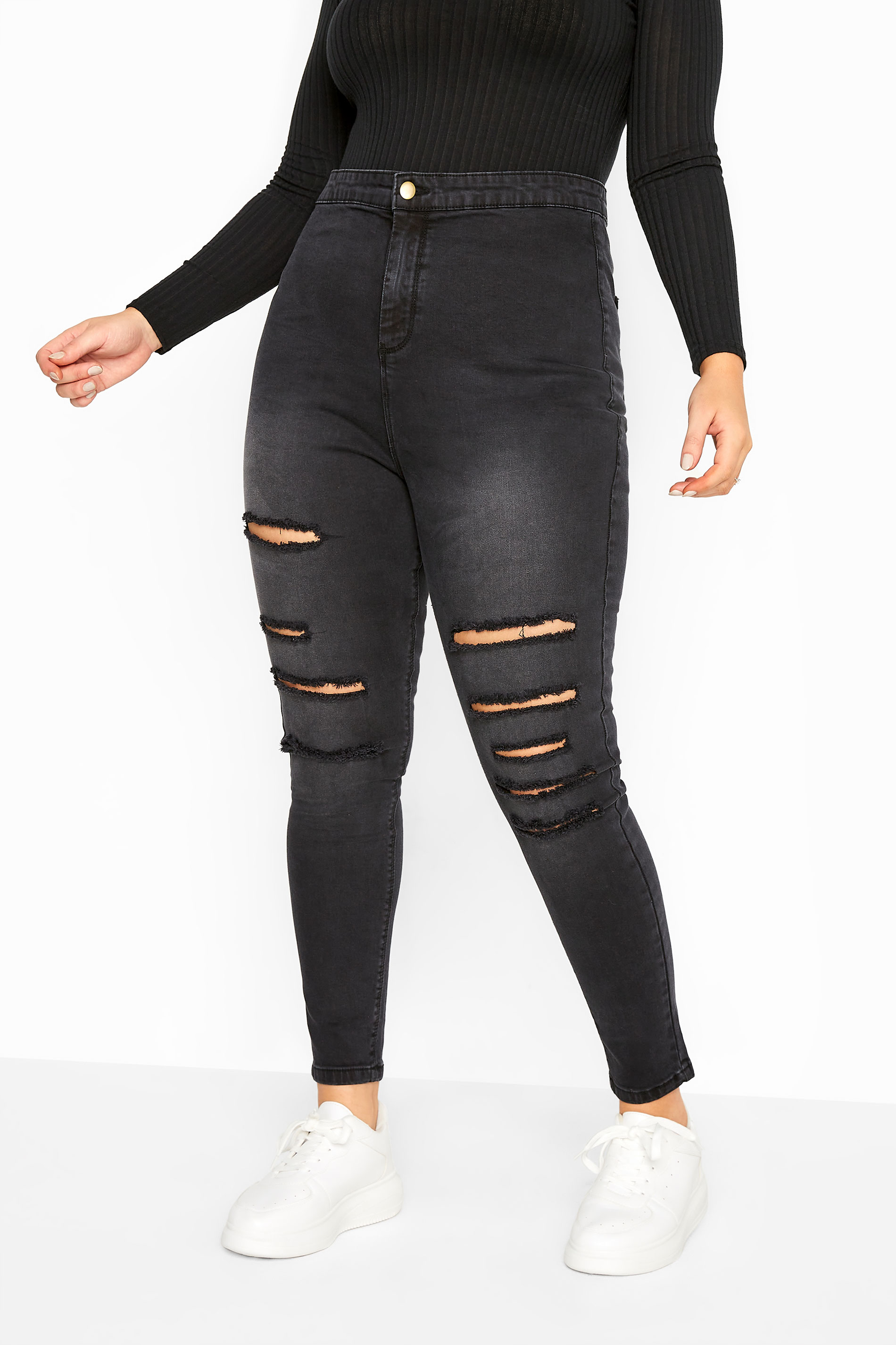 Black Washed Ripped High Rise KIM Skinny Jeans | Yours Clothing