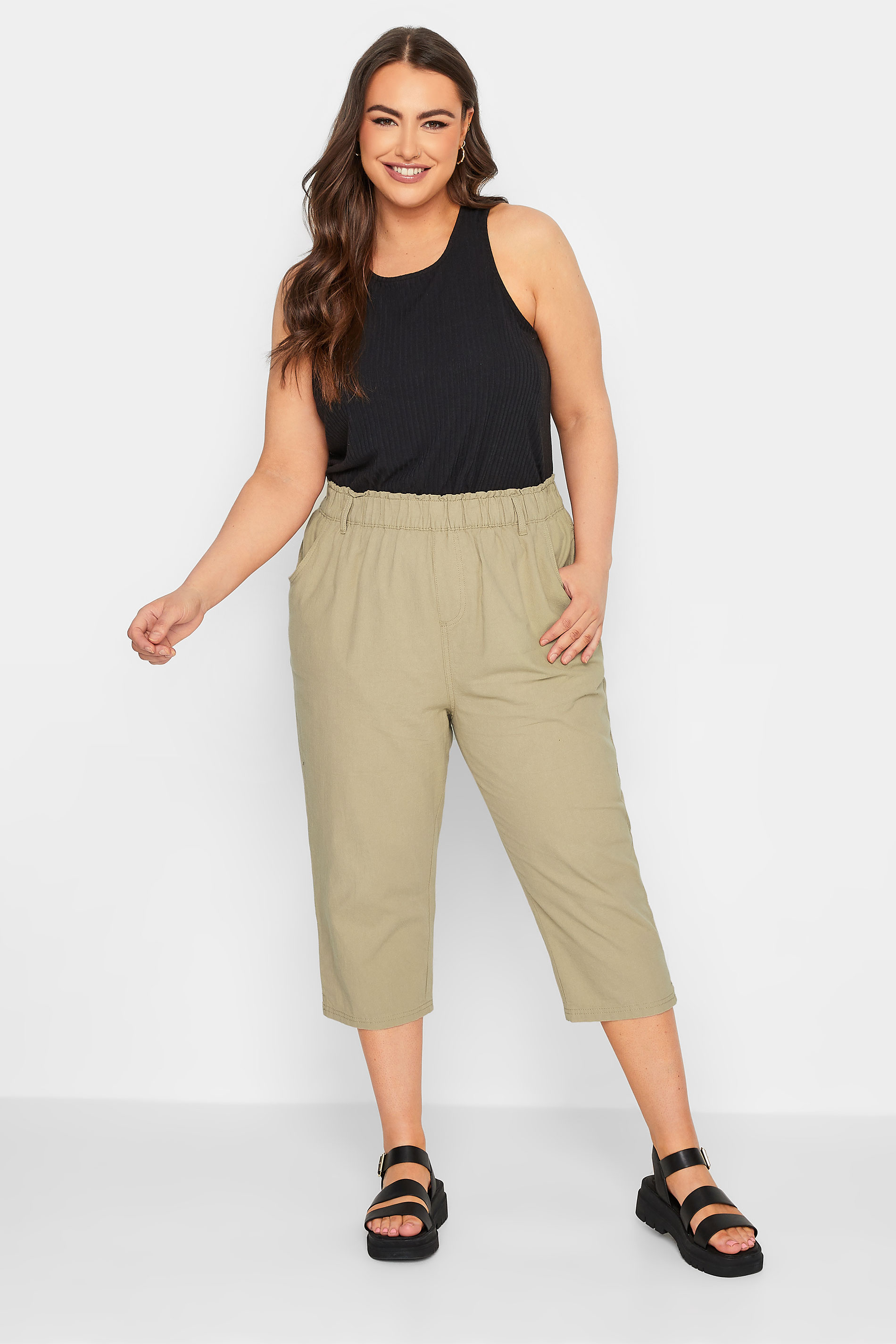 YOURS Curve Plus Size Beige Brown Cotton Cropped Trousers | Yours Clothing  2