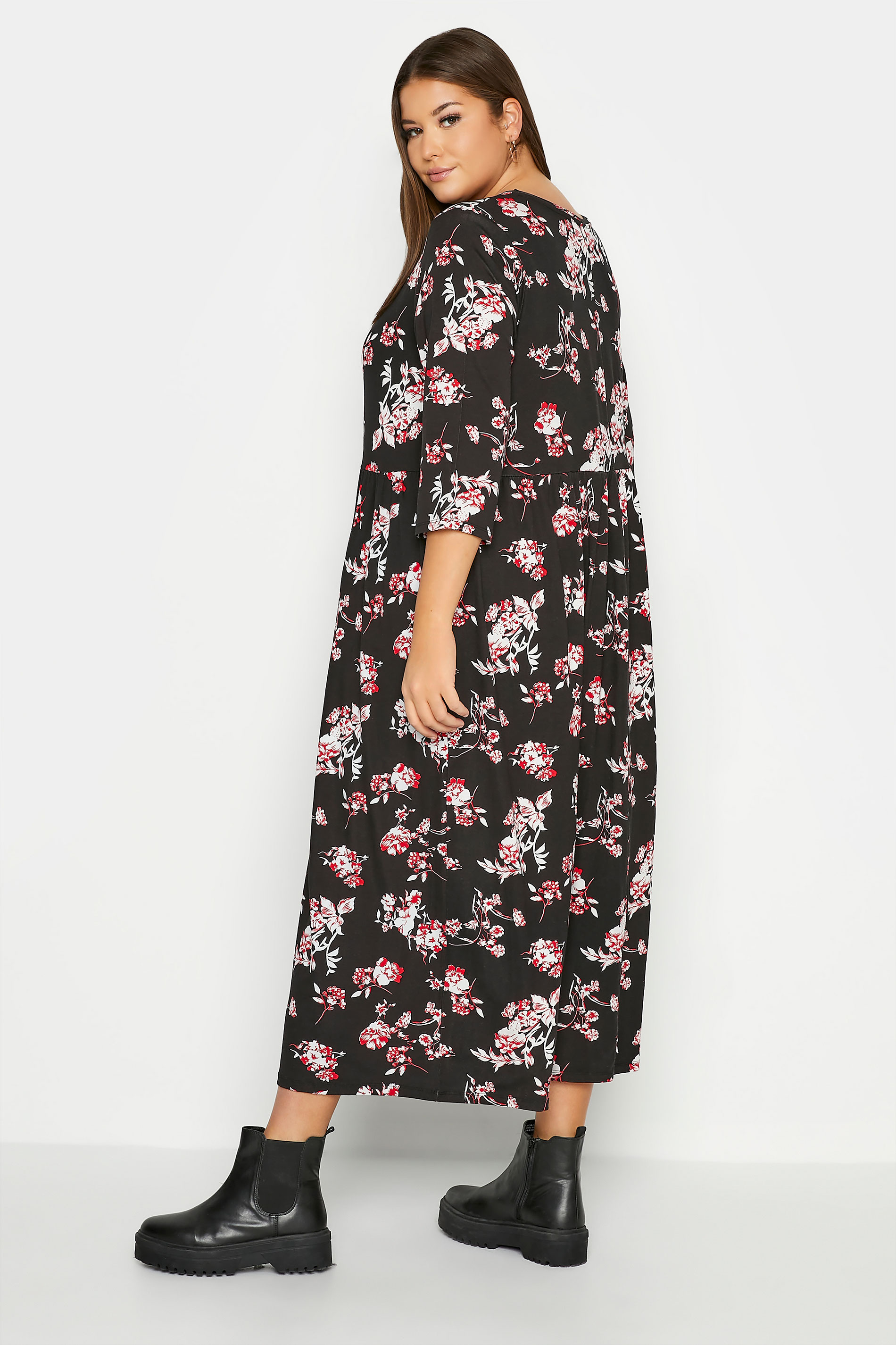 Plus Size Black Floral Print Pocket Dress | Yours Clothing 3