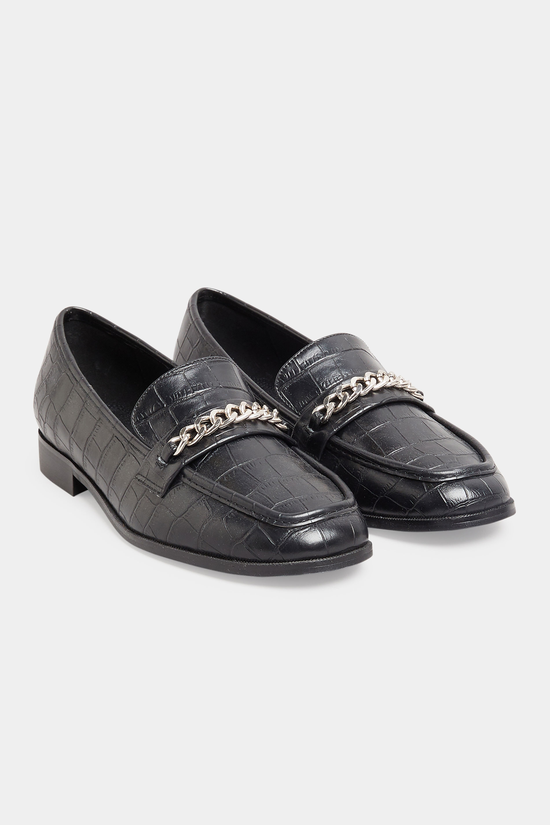 Womens Shoes Loafers | LTS Black Croc Chain Detail Loafers In Standard D Fit - NH66061