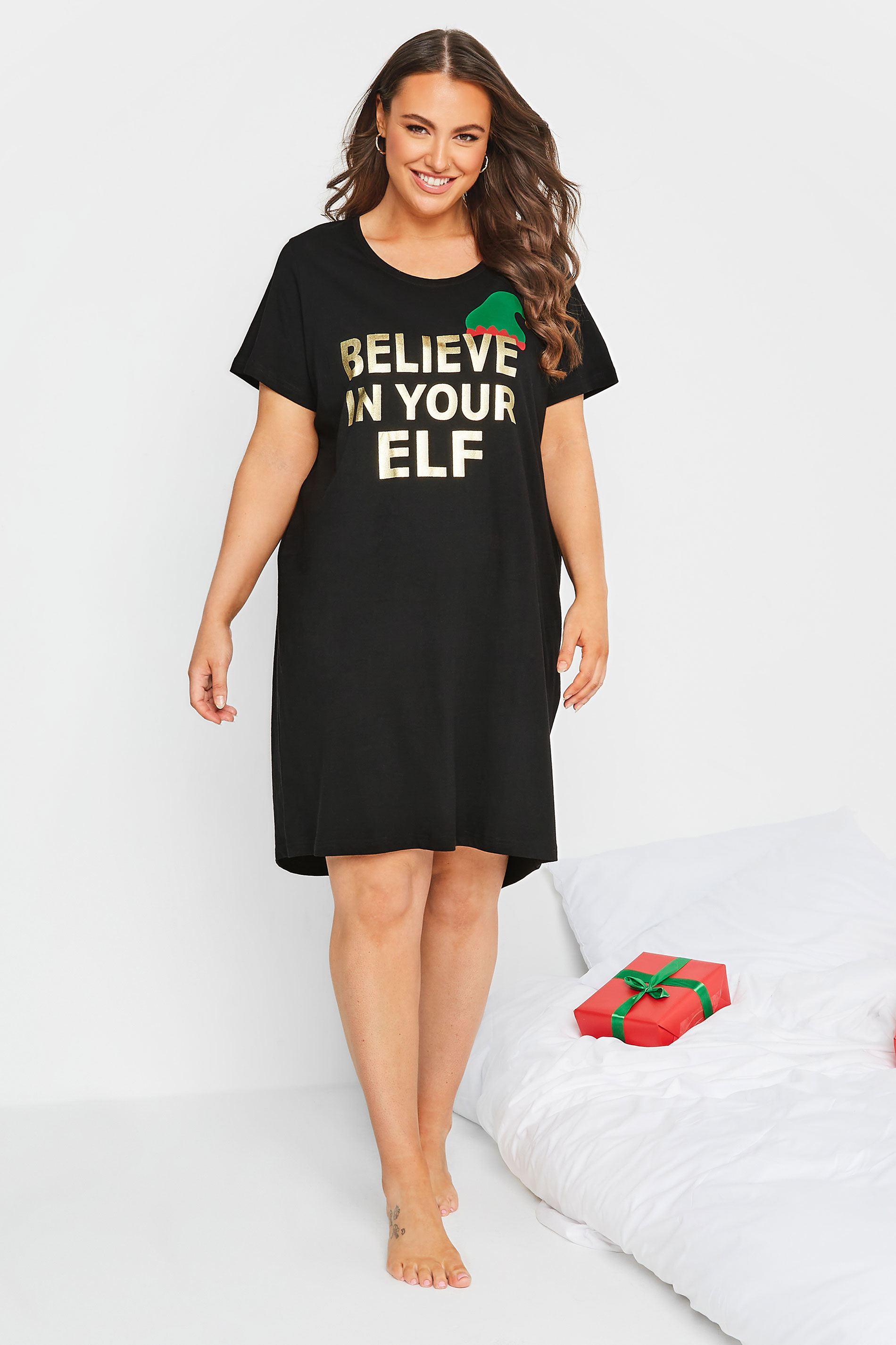 Plus Size Black 'Believe In Your Elf' Slogan Christmas Nightdress | Yours Clothing 1