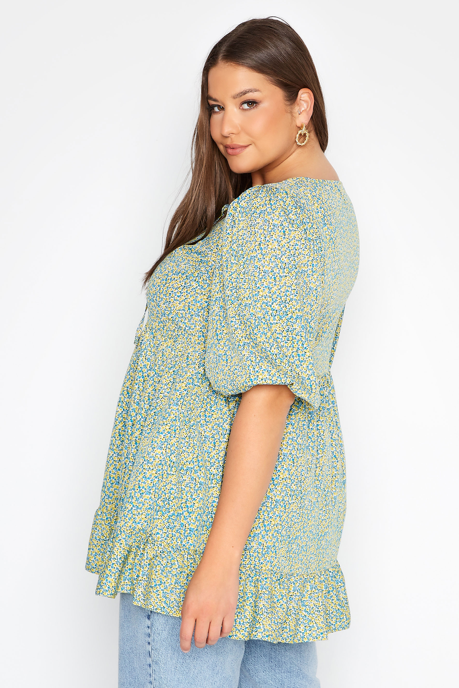 Plus Size Blue Ditsy Print Tie Neck Smock Top | Yours Clothing  3