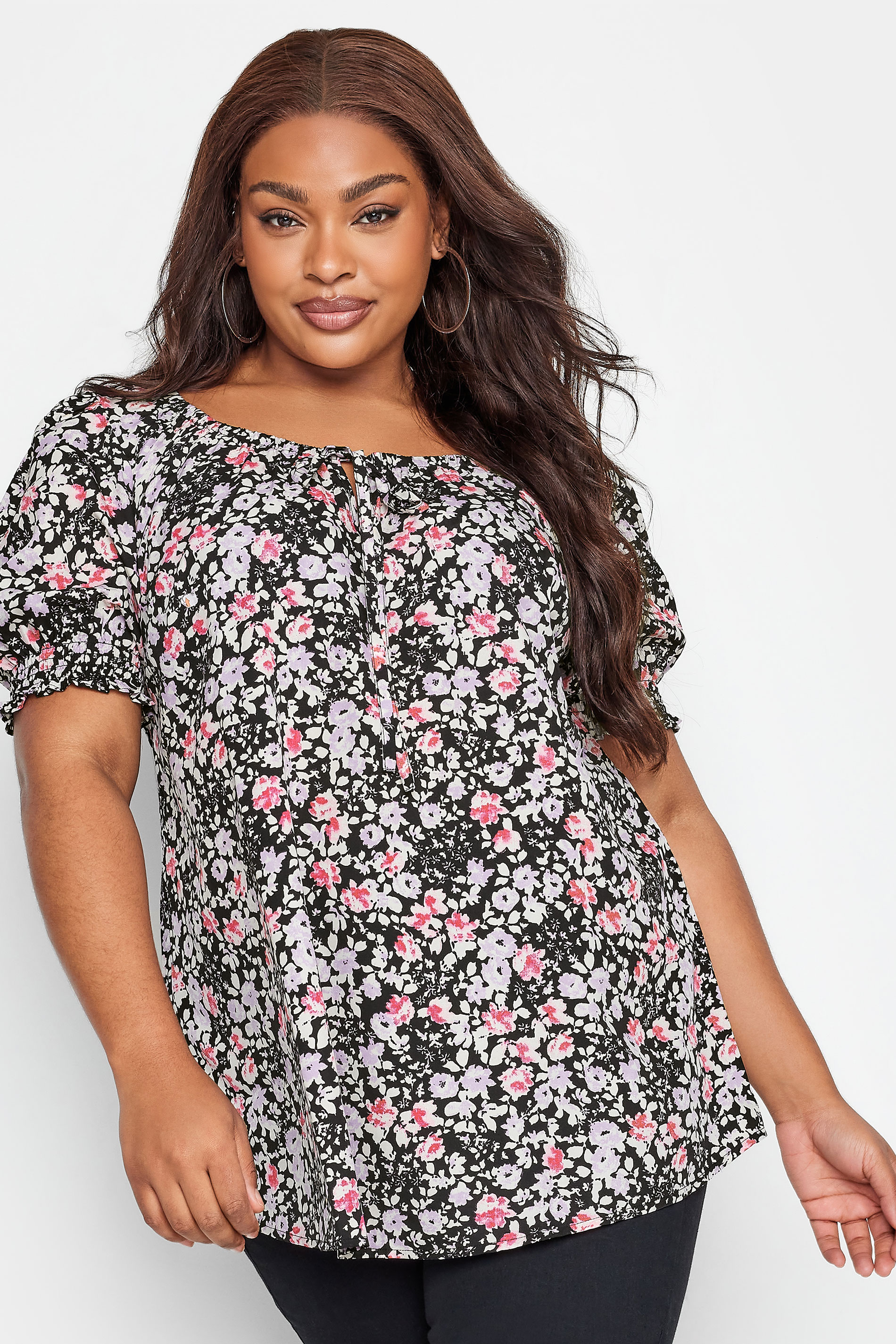 YOURS Plus Size Black & Pink Floral Print Gypsy Top | Yours Clothing 1
