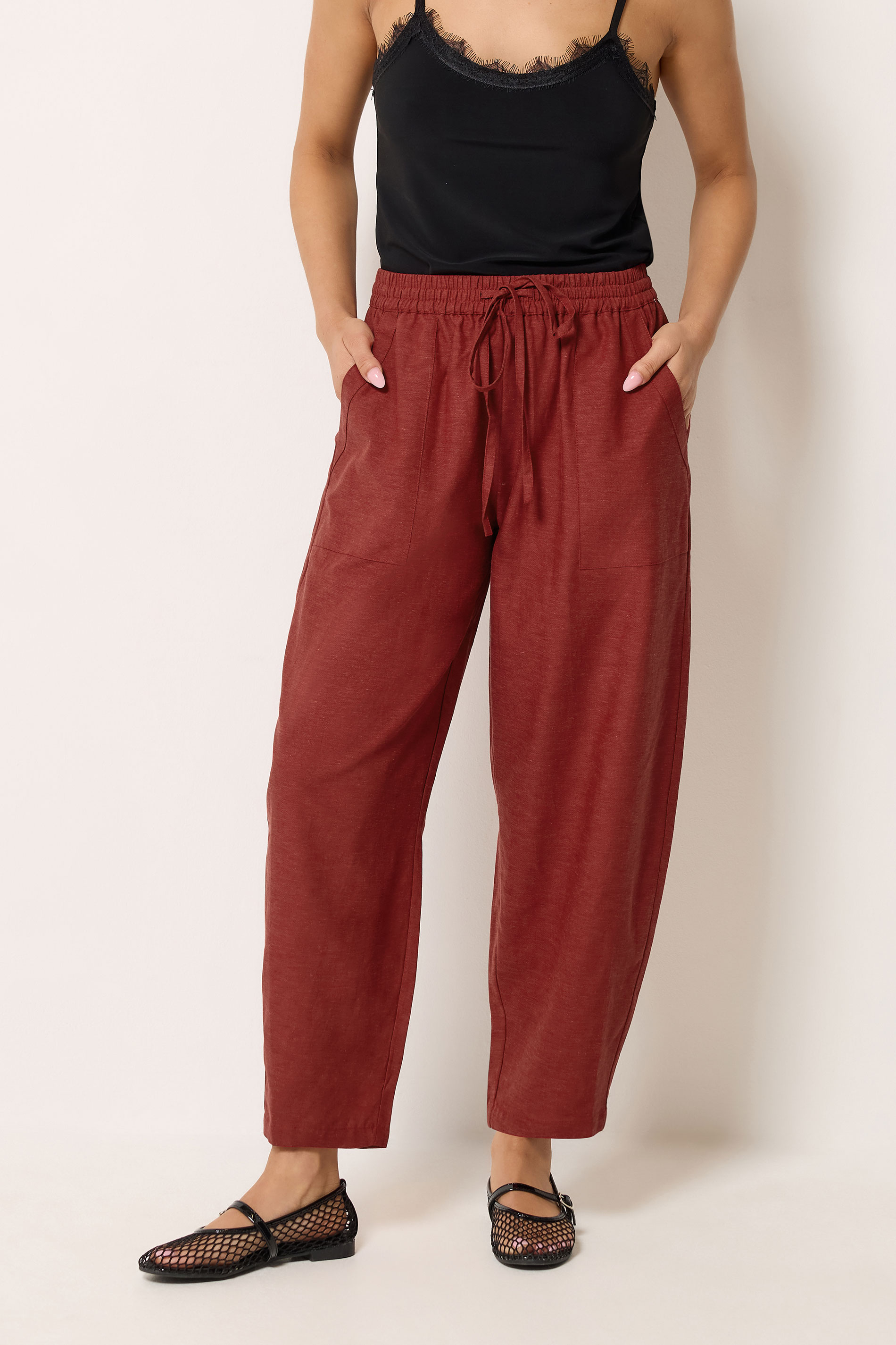 PixieGirl Petite Women's Brick Red Linen Barrel Trousers | PixieGirl 1