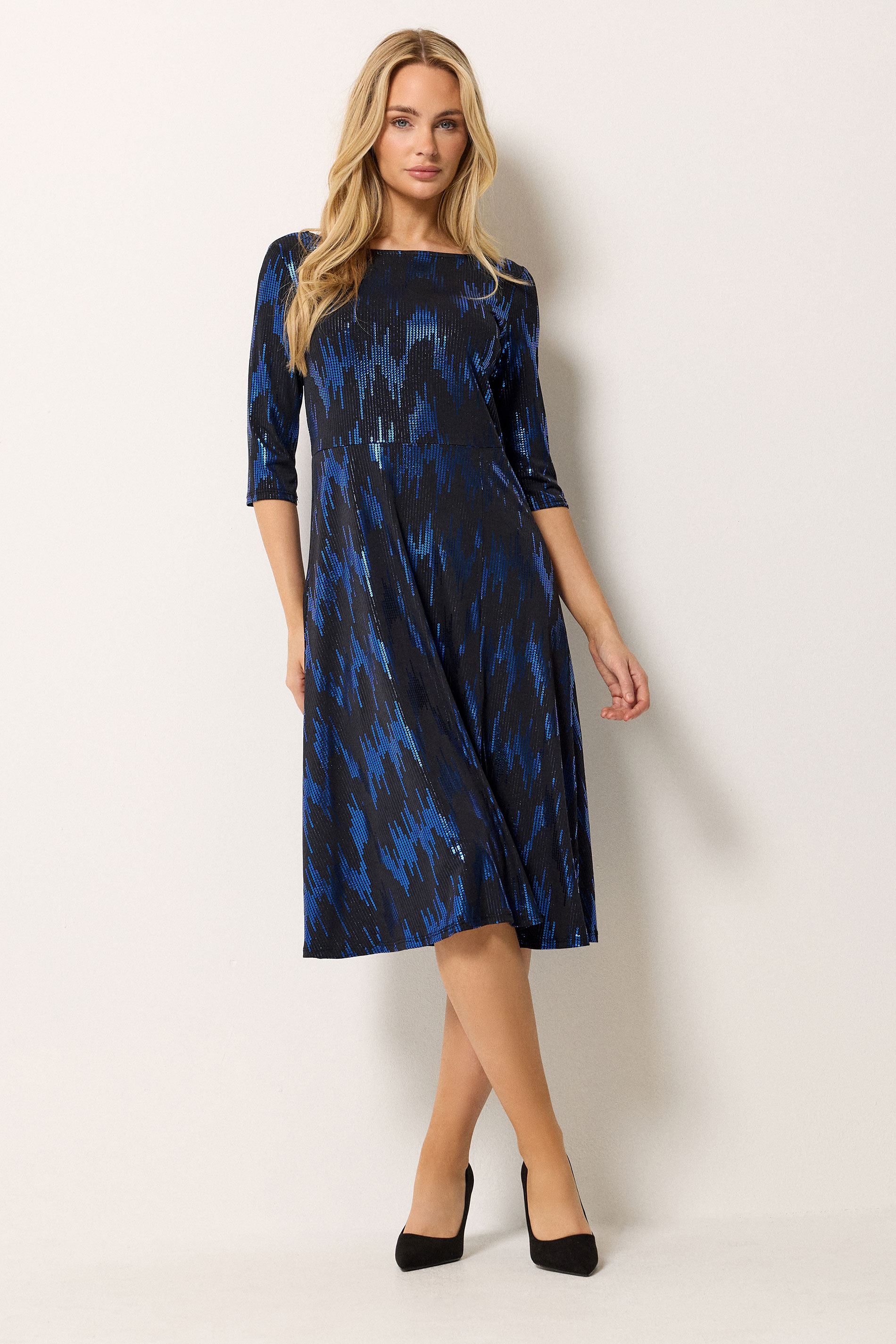 M&Co Black Foil Fit & Flare Mini Dress 1