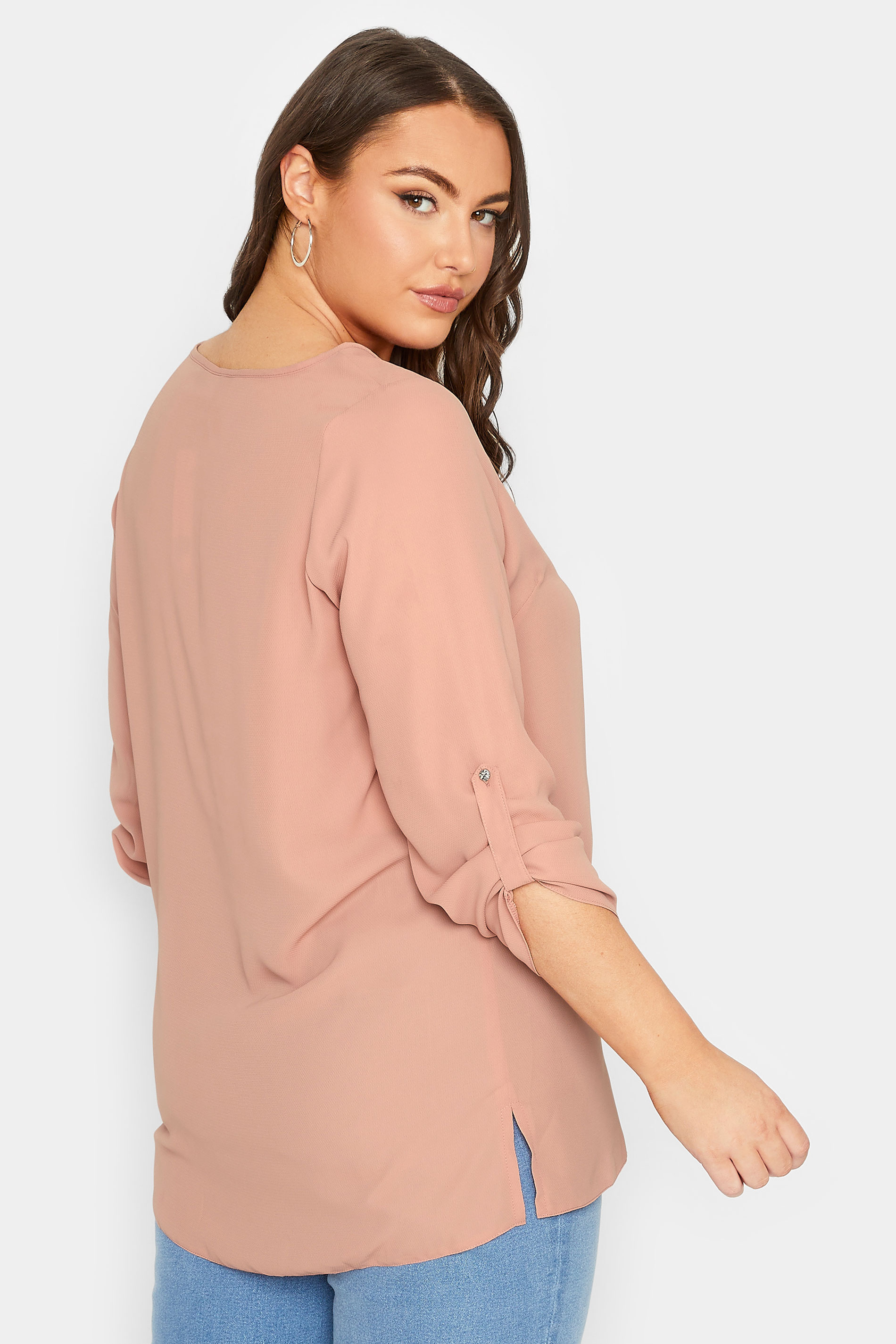 YOURS Plus Size Blush Pink Tab Sleeve Blouse | Yours Clothing 3
