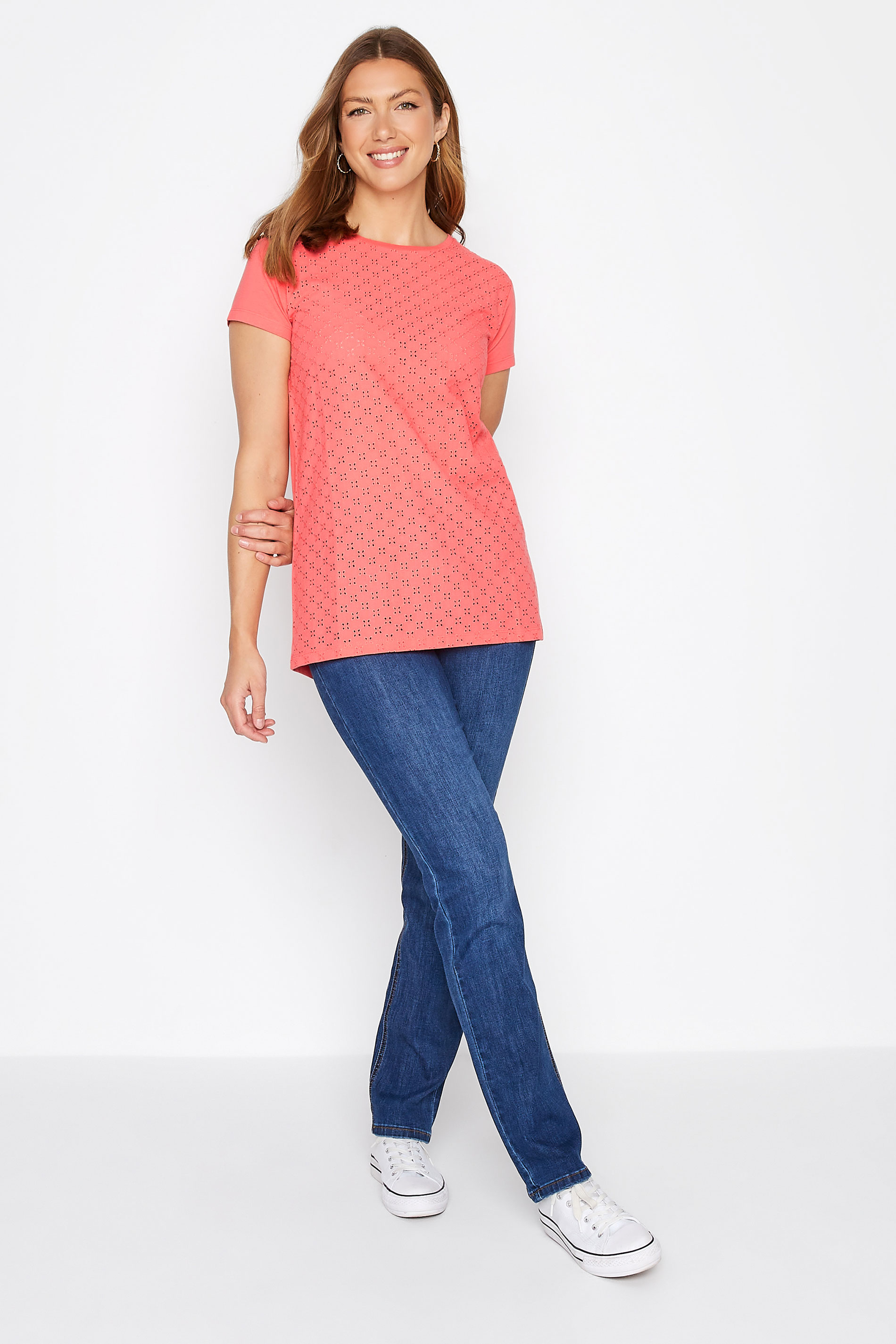 LTS Tall Women's Coral Pink Broderie Anglaise Cotton T-Shirt | Yours Clothing 1