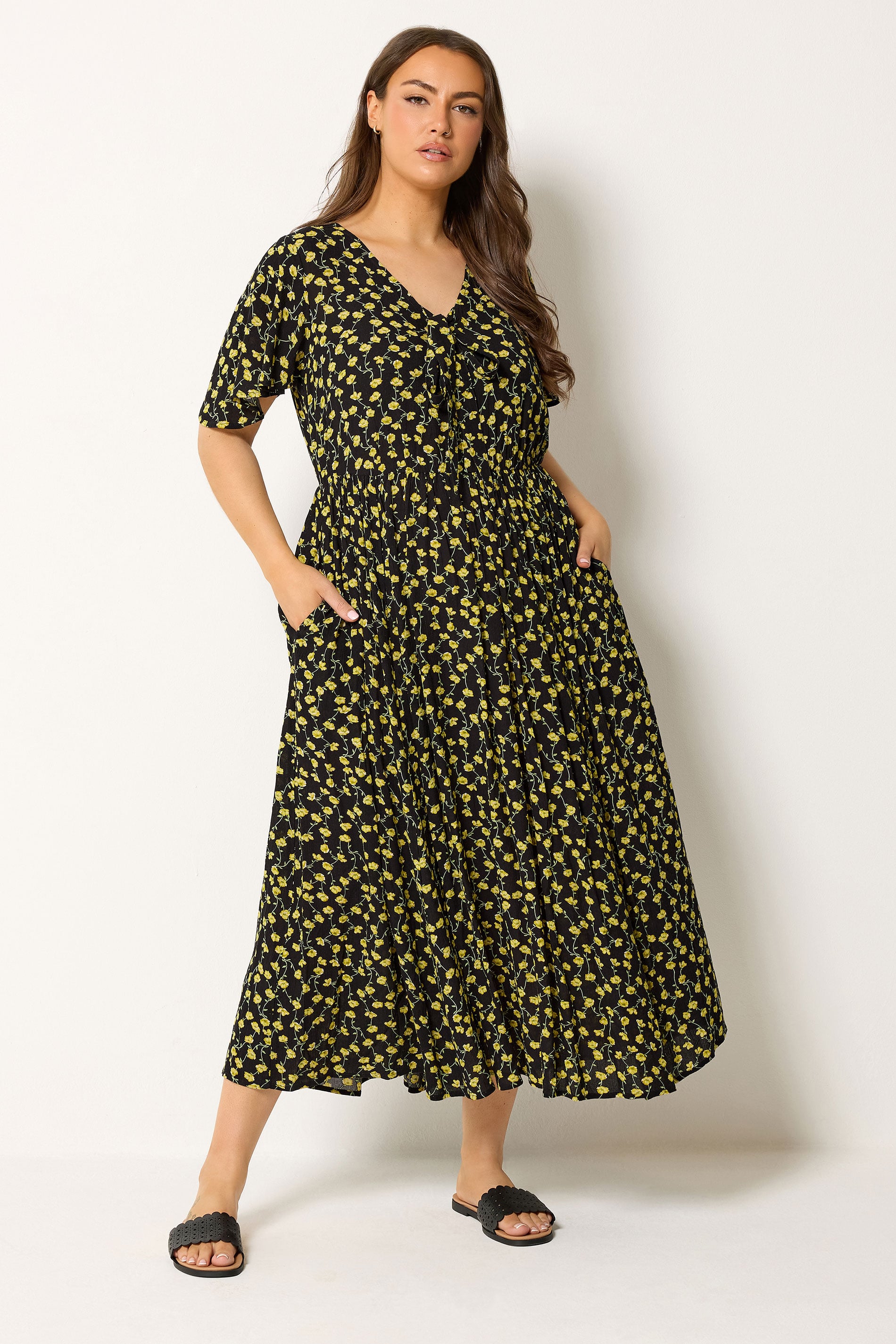 YOURS Plus Size Black & Yellow Floral Crinkle Maxi Dress | Yours Clothing 3