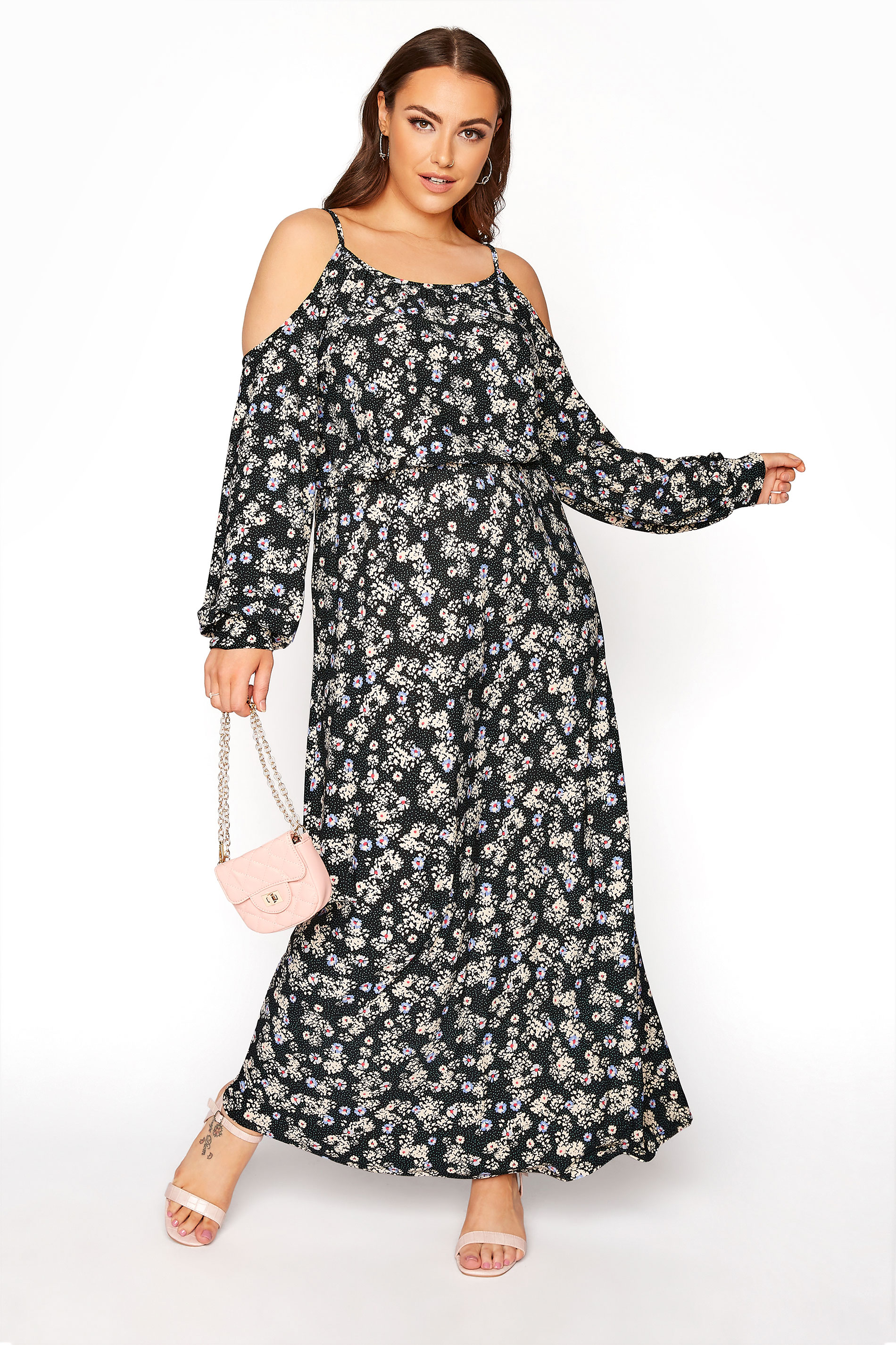 Black Cold Shoulder Floral Maxi Dress | Yours Clothing