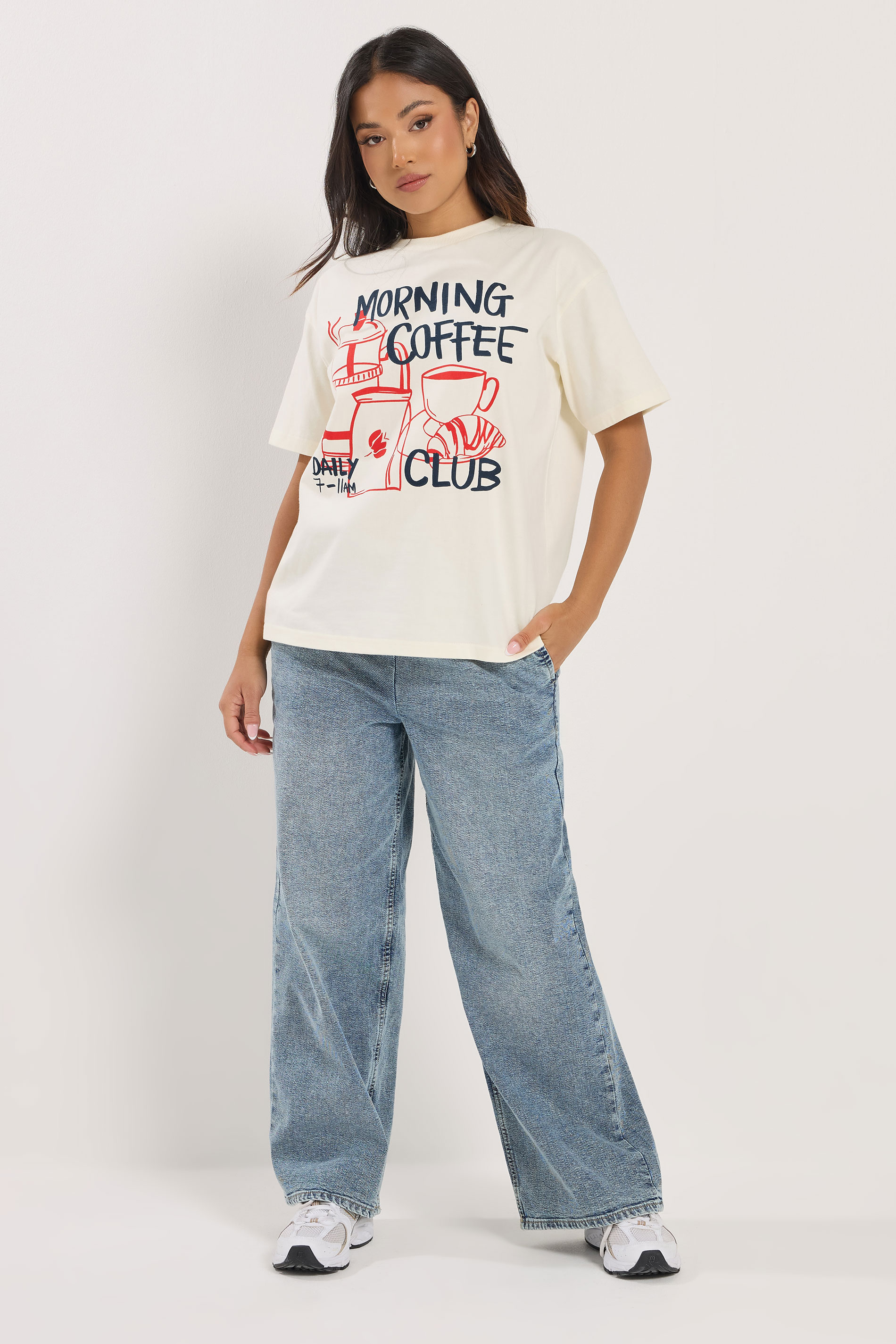 PixieGirl Petite Women's Cream 'Morning Coffee Club' Cotton Oversized T-Shirt | PixieGirl 2