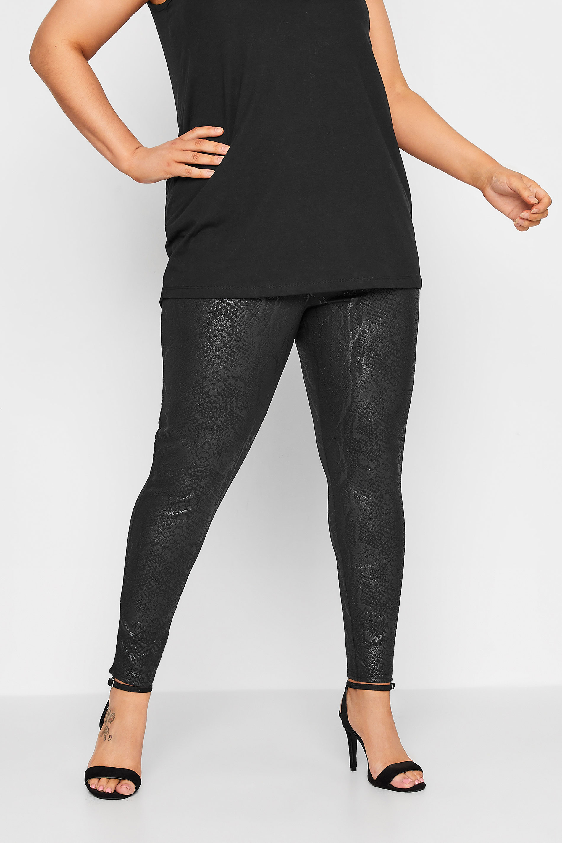 Plus Size Black Snake Print Leather Look Leggings | Yours Clothing 1