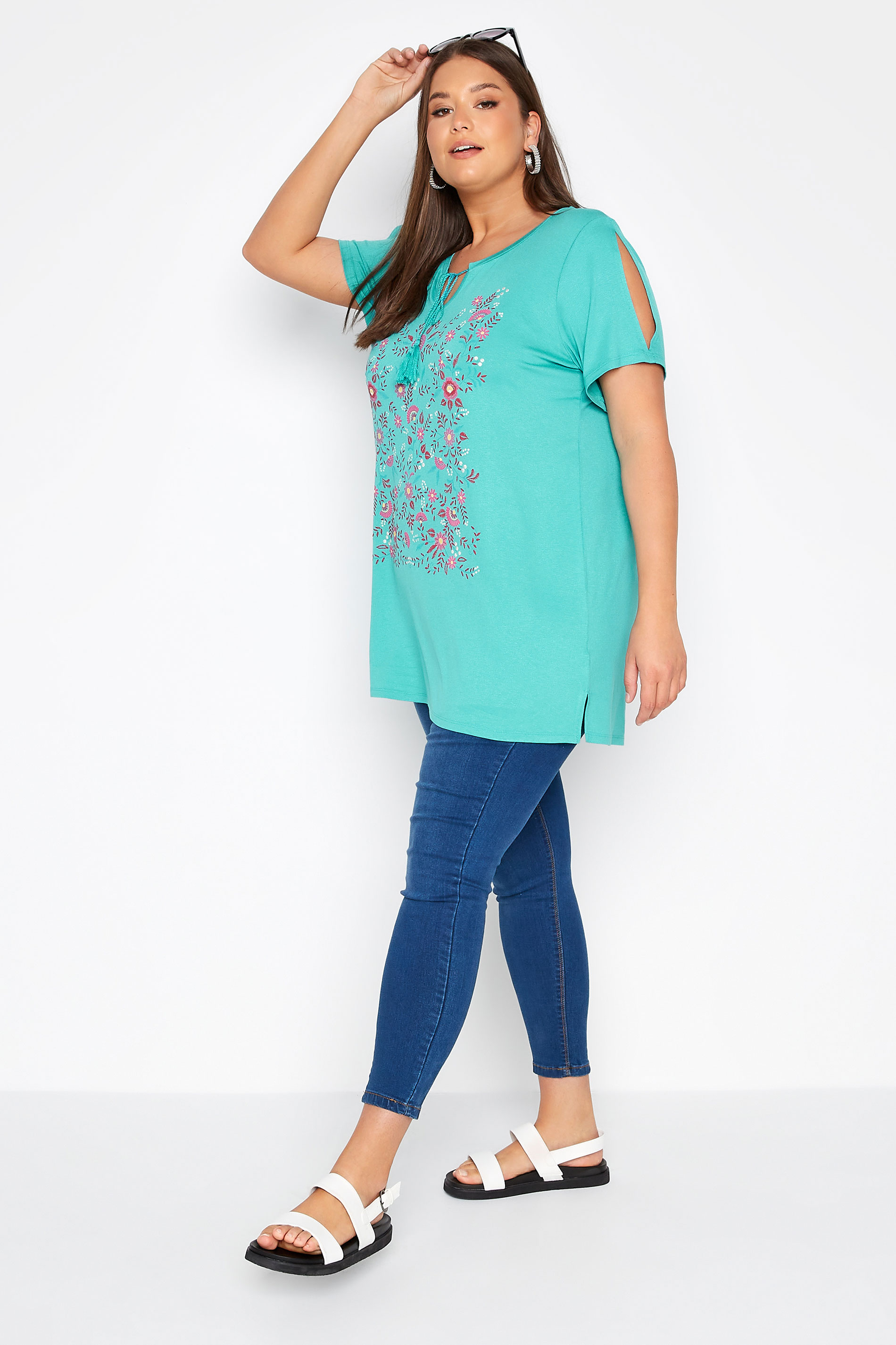 Grande taille  Tops Grande taille  T-Shirts | T-Shirt Bleu Turquoise Design Floral Manches Découpées - WQ55333