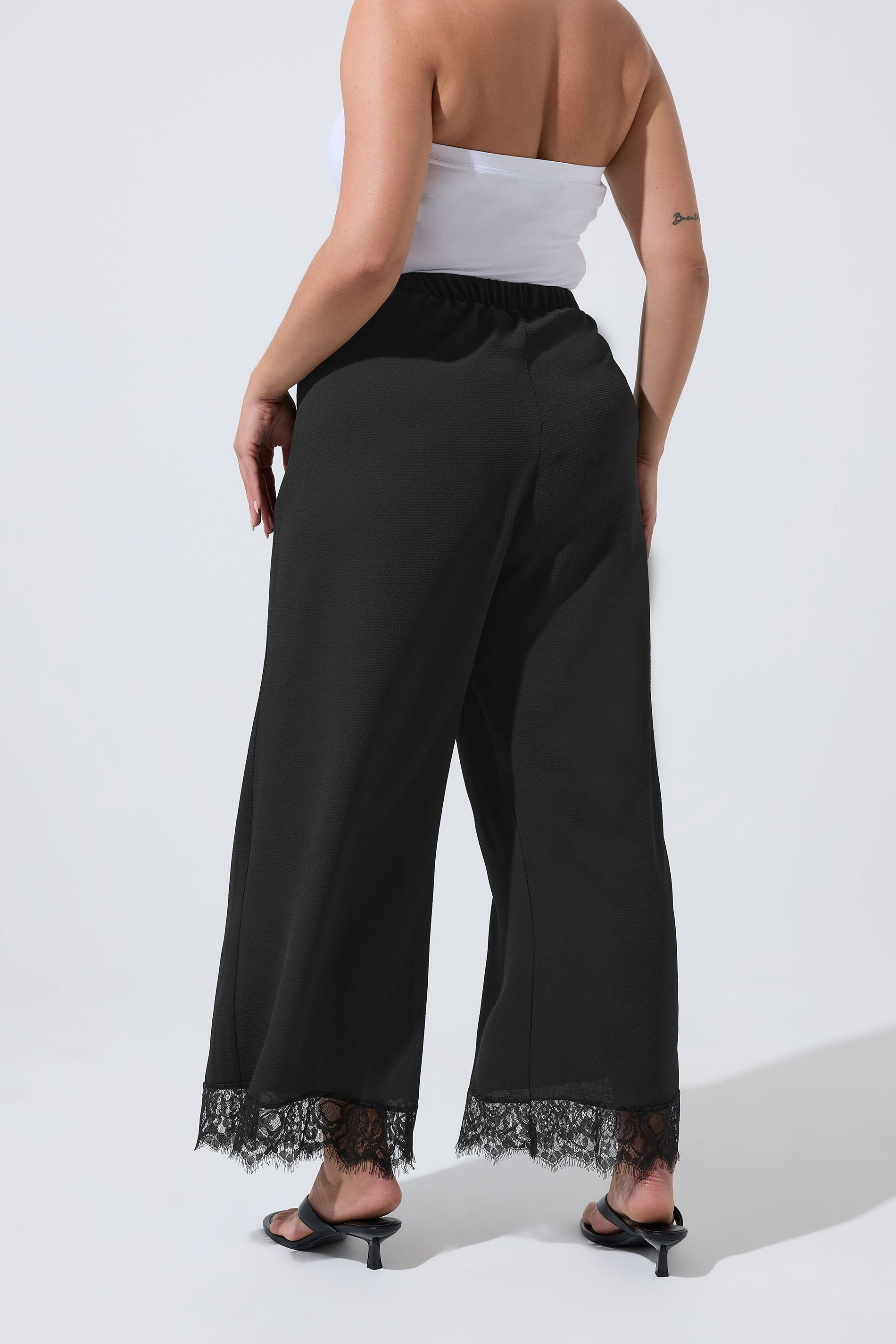 LIMITED COLLECTION Plus Size Black Lace Hem Wide Leg Trousers | Yours Clothing 2