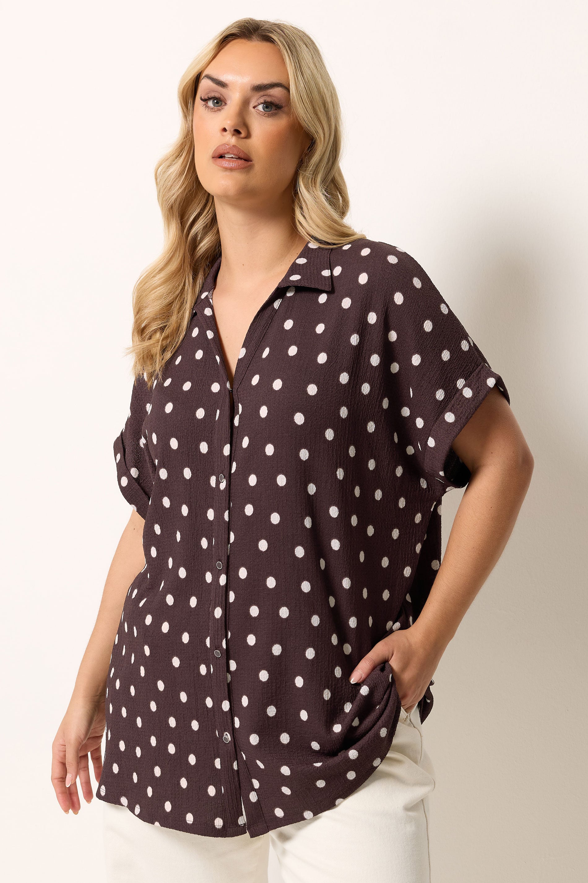 YOURS Plus Size Chocolate Brown Polka Dot Shirt | Yours Clothing 3